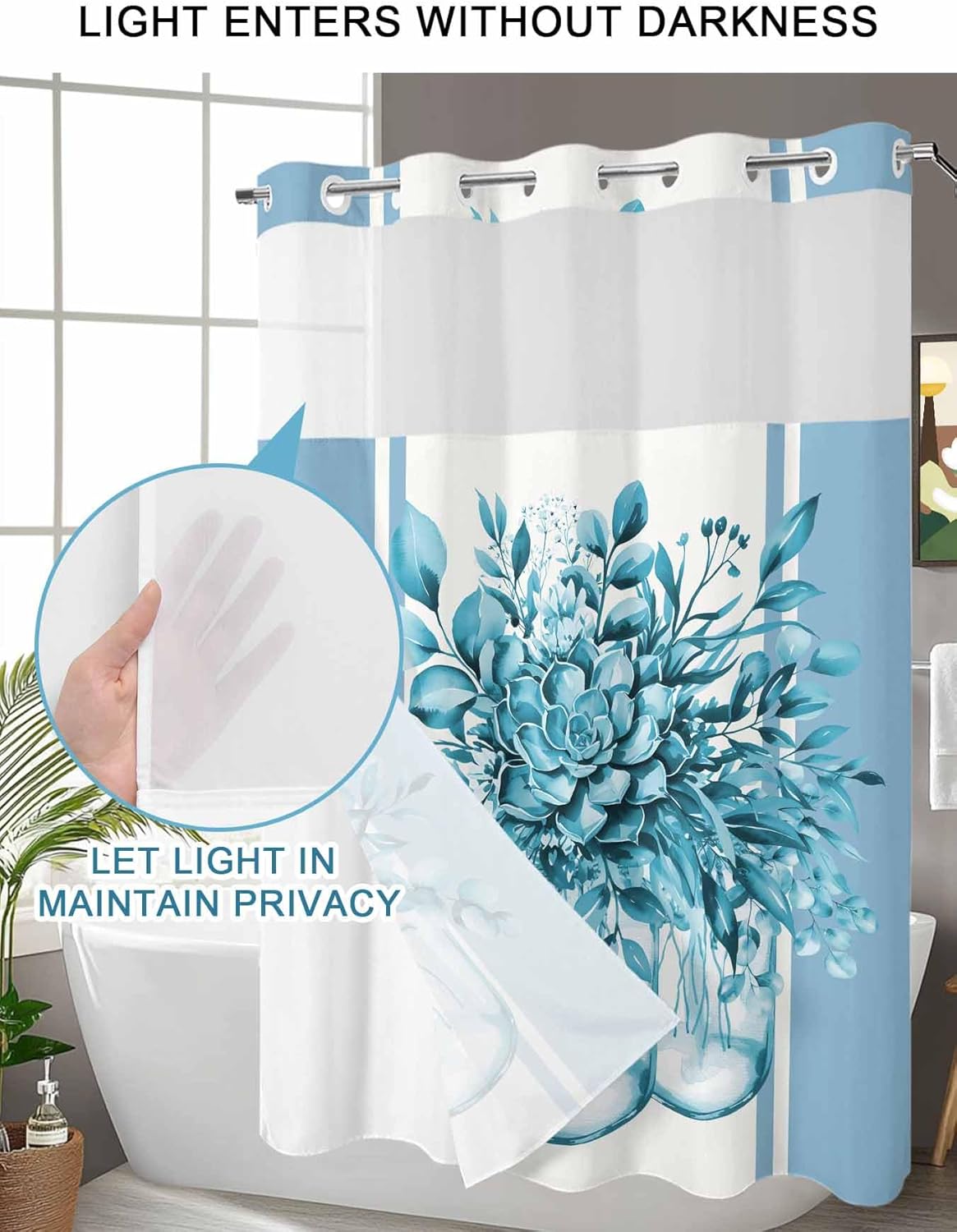 No Hook Shower Curtain and Snap in Liner Set, Bluish Green Eucalyptus Leaves Fabric Bathroom Stall Shower Curtains 48x72, See Through Top Window, Spring Summer Floral Botanical Flowers Hotel Style