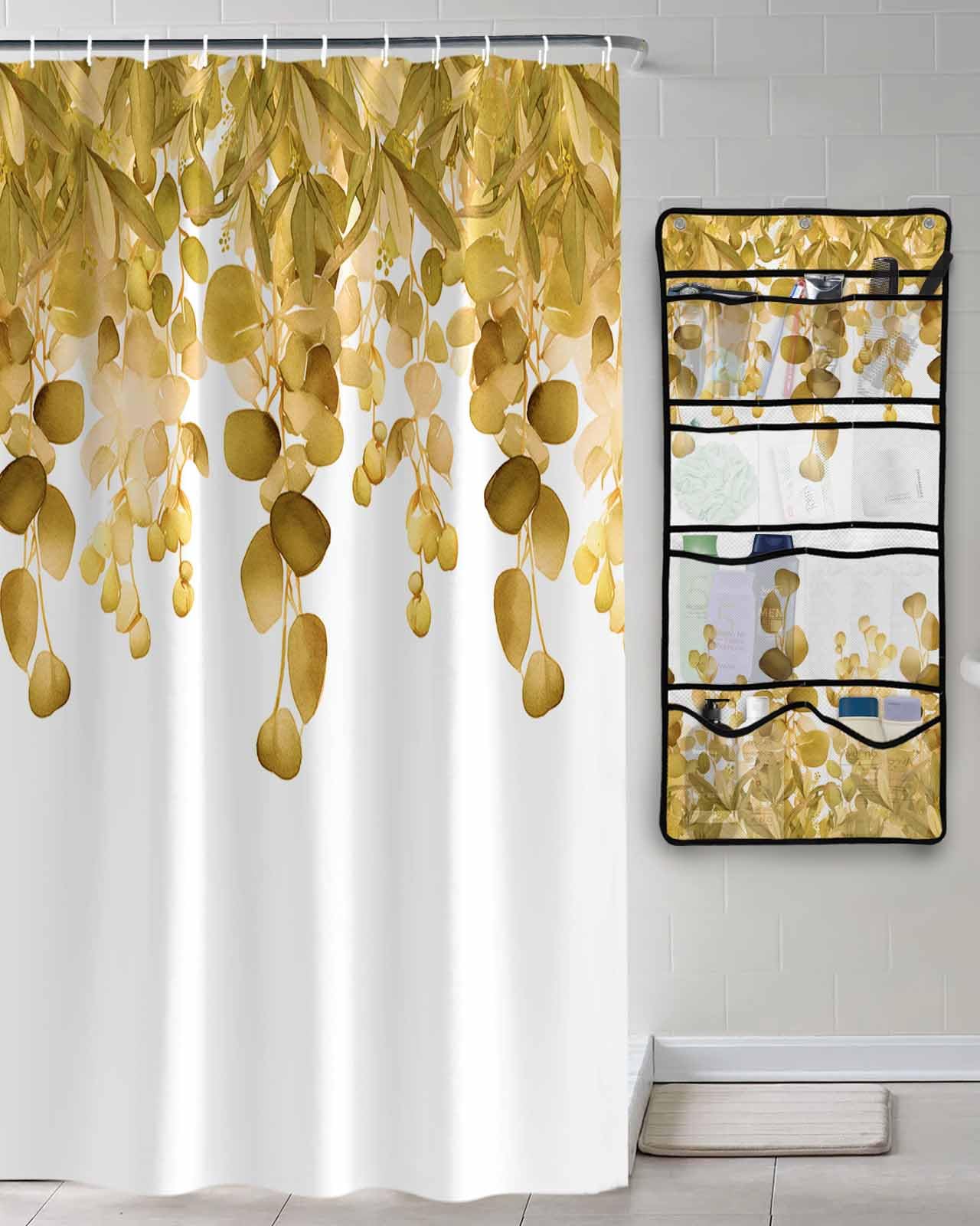 Decorative Shower Curtain Sets Eucalyptus Leaves Yellow Fabric Waterproof Shower Curtains Watercolor Leaves Texture White Mesh Shower Caddy