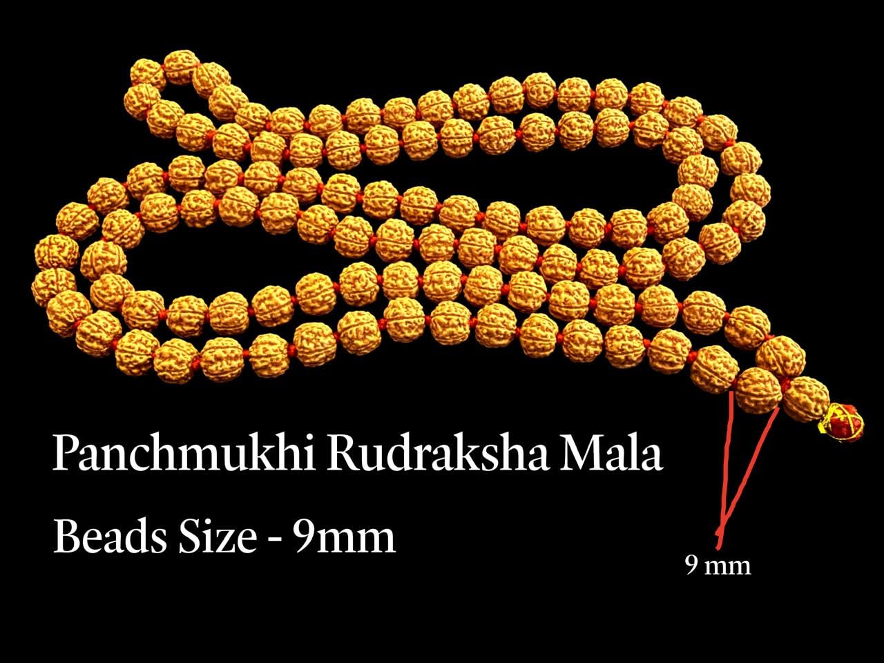 HONODIX Original Rudraksha Panchmukhi Mala (Black, 9-10mm) for Wearing and Japa Mala (5 Mukhi Mala, 108 Beads Mala Rosary Garland) (Black)