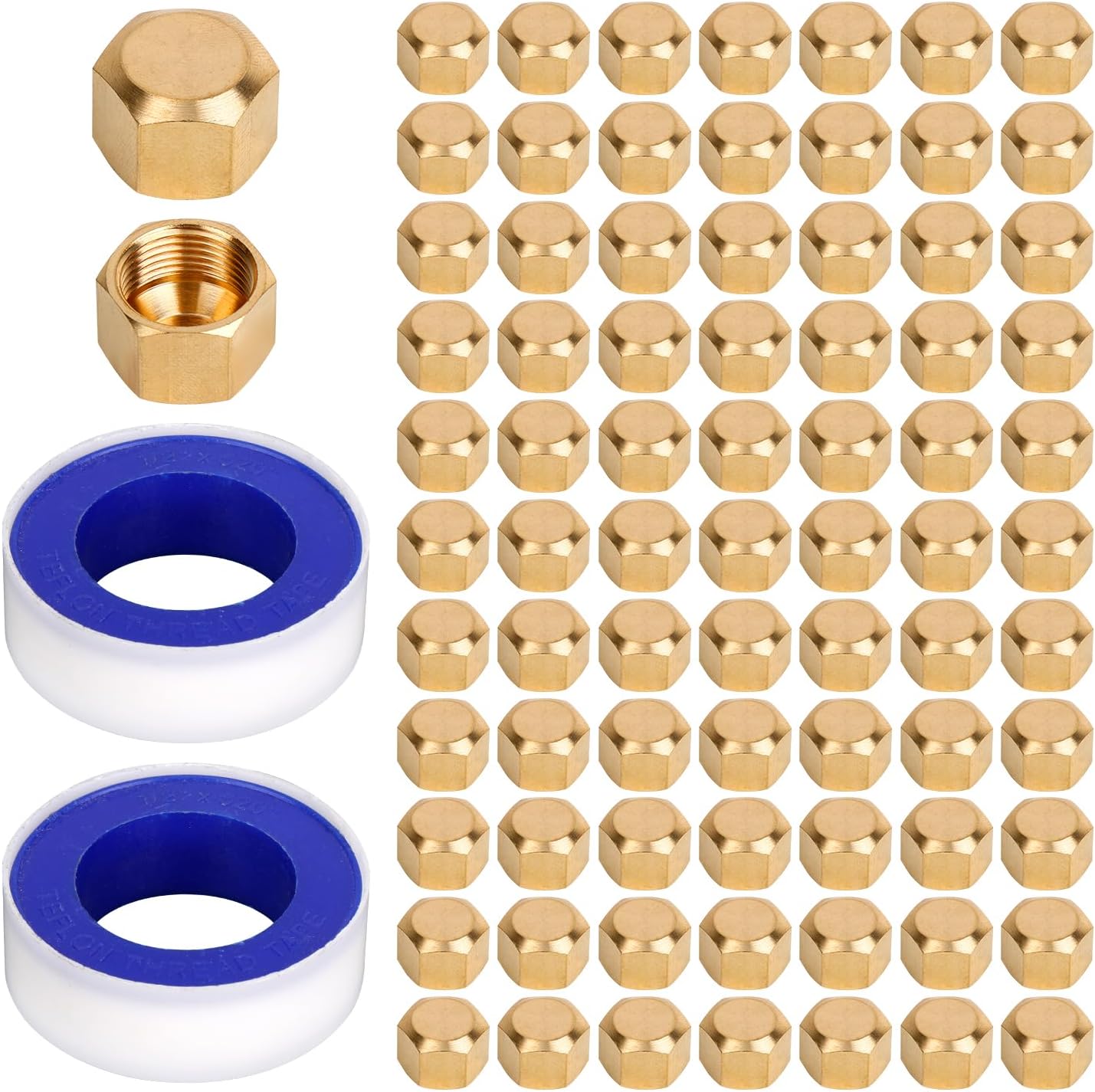 100pcs 3/8 Inch Brass Compression Caps, 3/8 Inch Brass Pipe Caps with 2 Roll Waterproof Tapes for Gas Line Flare Tube Pipe Fittings