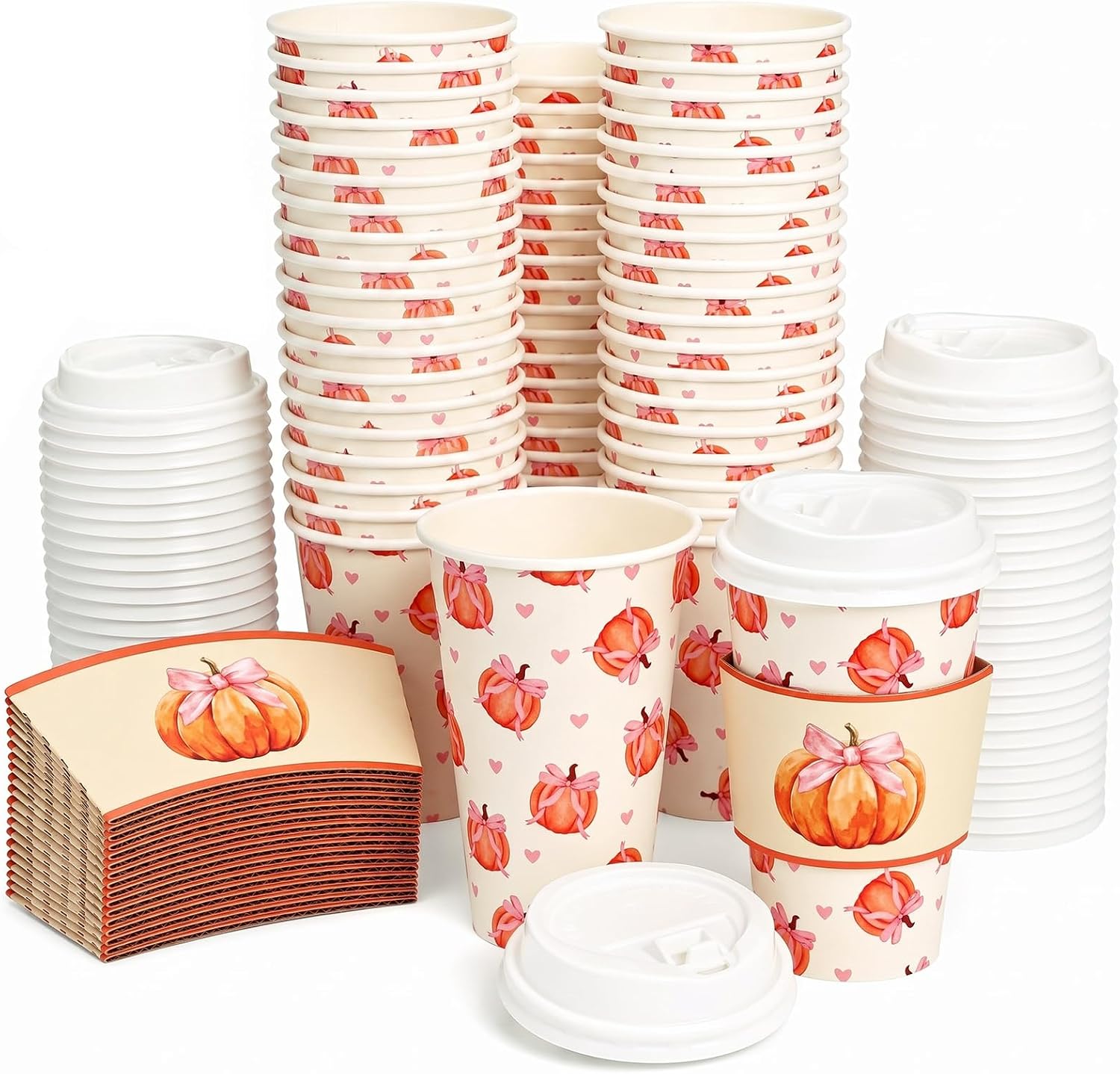 50 Set Fall Coquette Bow Pink Pumpkin Coffee Cups with Lids and Sleeves