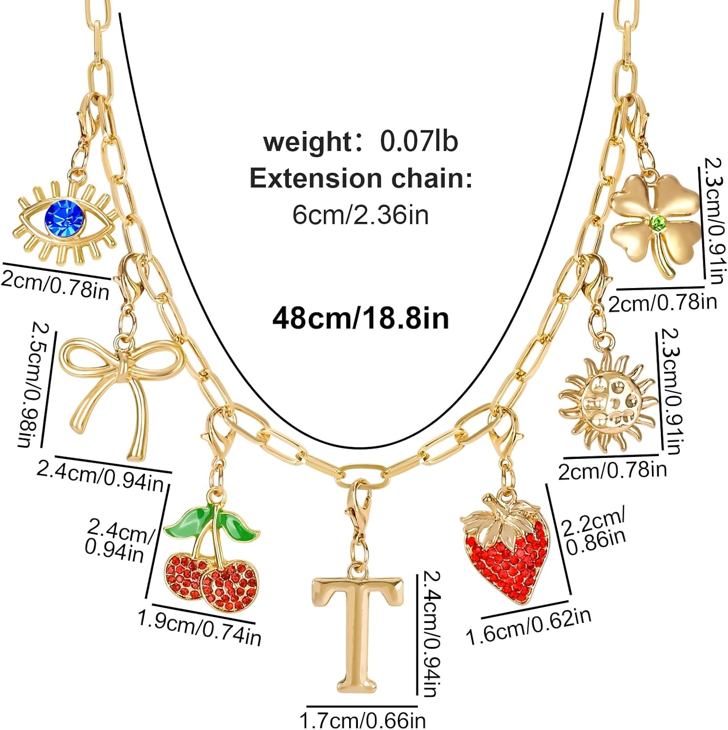 Initial Charm Necklace for Women, Evil Eye Four-Leaf Clover Sun Bow Cherry Strawberry Removable Charms Necklace Paper Clip Chain Choker, Trendy Jewelry Birthday Christmas Gifts for Her (Letter T ) - Image 3