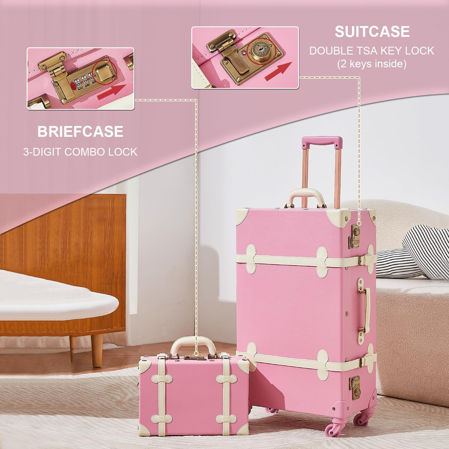 Vintage Pink Luggage Set, 2 Piece Handcraft Leather Suitcase with Spinner Wheels TSA Lock and Cosmetic Train Case for Women