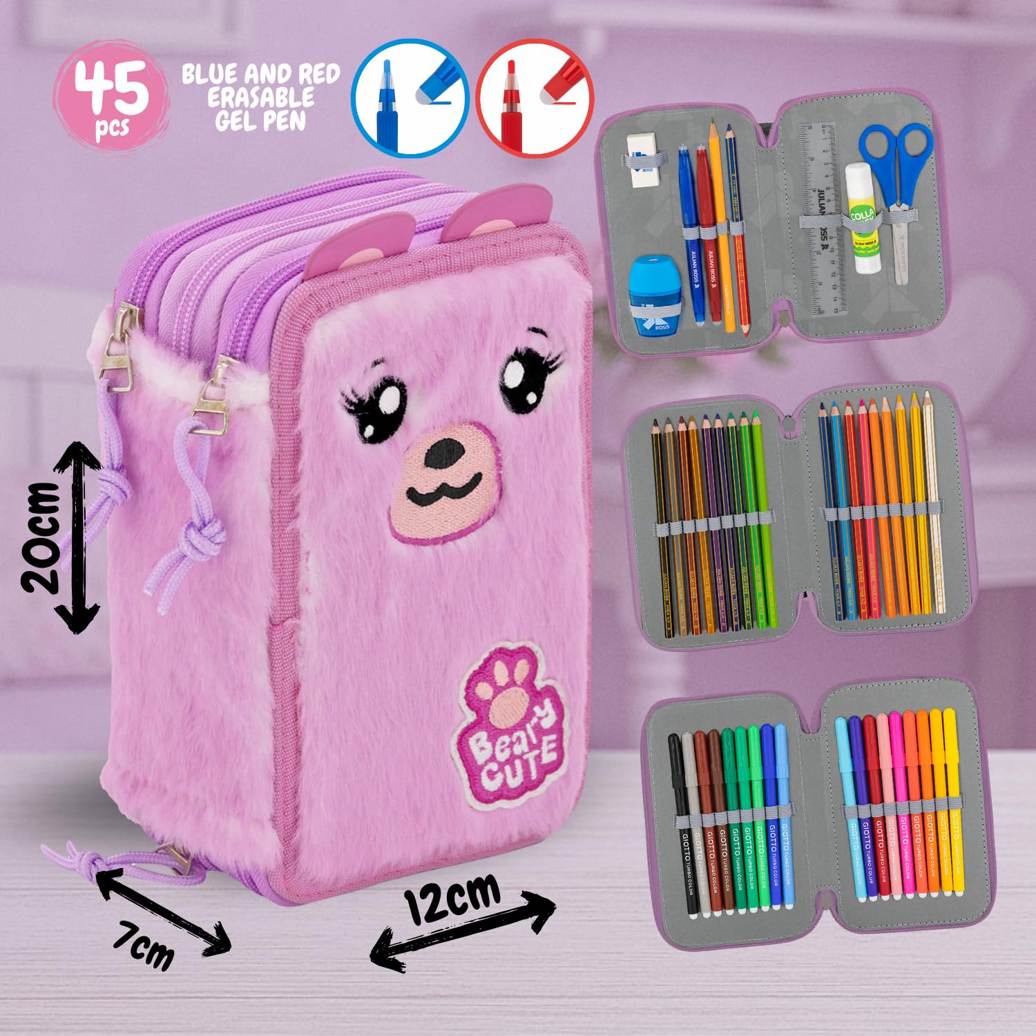 Julian Ross Astuccio 3 Scomparti Fluffy 45 Pezzi, Penne Gel Cancellabili, Colla, Forbici, Pastelli 4.0, 3 Zip, Bambina, Scuola, Orsetto Rosa