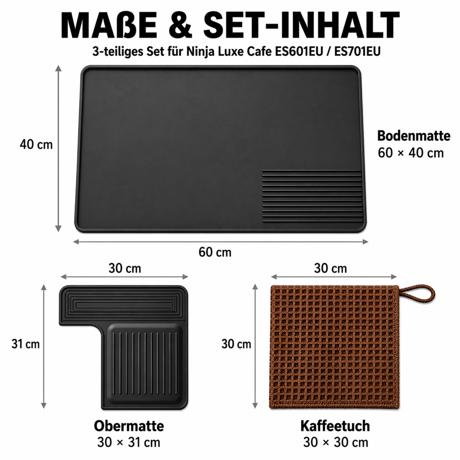 3-teiliges Ninja Luxe Café Zubehör Set kompatibel mit ES601EU & ES701EU – Kaffeemaschinen-Unterlage mit Bodenmatte, Obermatte & Kaffeetuch, rutschfest, wasserdicht, hitzebeständig