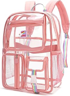 LISINUO Clear Backpack, Heavy Duty Transparent Bag Stadium Approved with Keychain (Pink)
