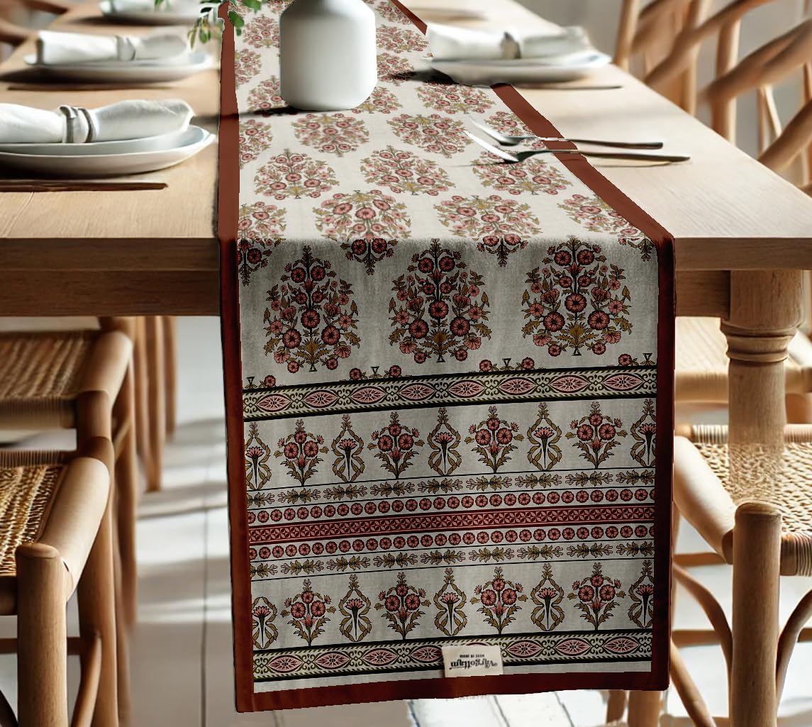 Boho Cotton Table Runner - Double Layer with Printed Floral Design - Machine Washable - Table Décor for Kitchen, Living & Events, 14" x 60"