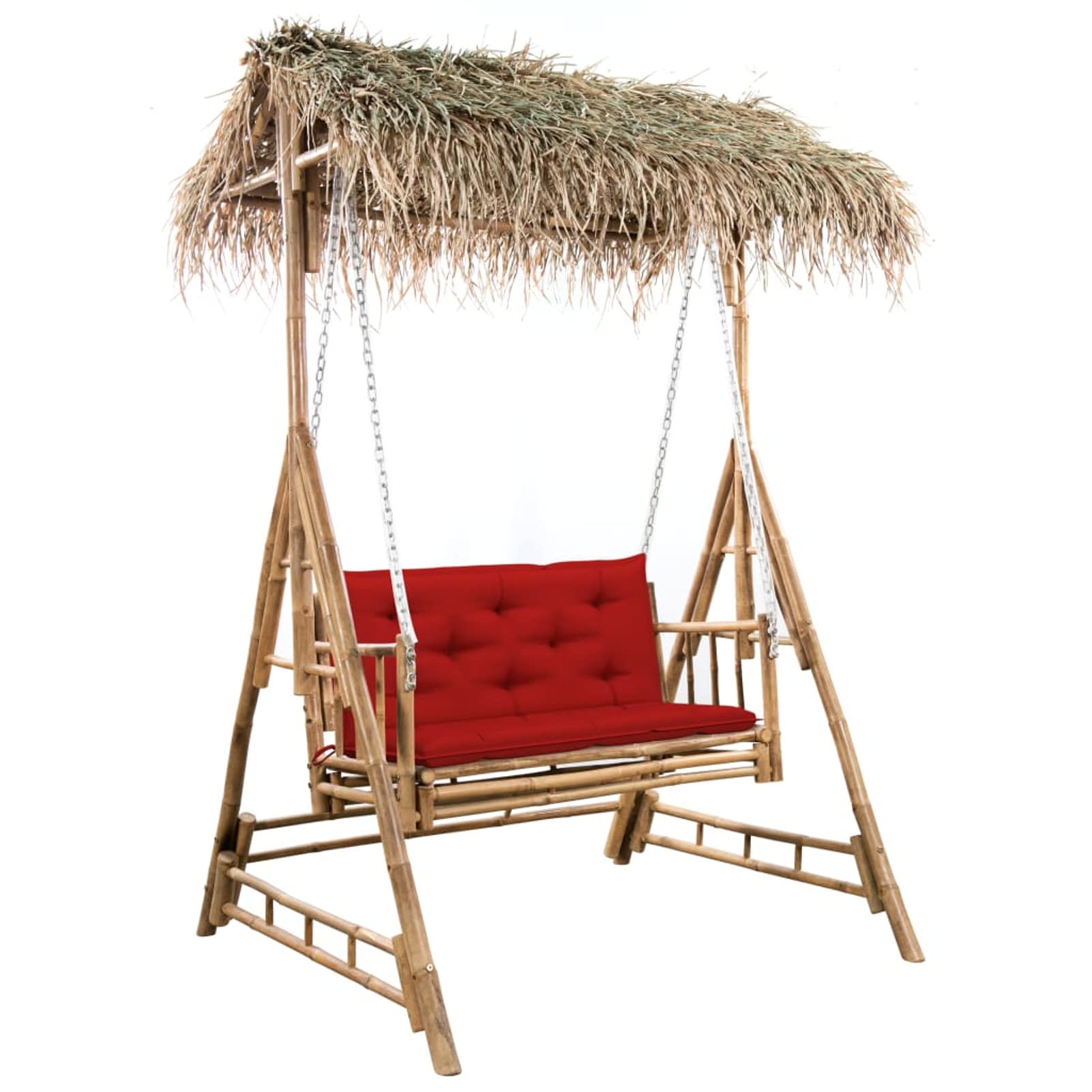 Gecheer Dondolo Hollywood con foglie di palma, cuscino da giardino a 2 posti, altalena da giardino, altalena, 35 x 99 x 202 cm (larghezza x profondità x altezza) in bambù, metallo