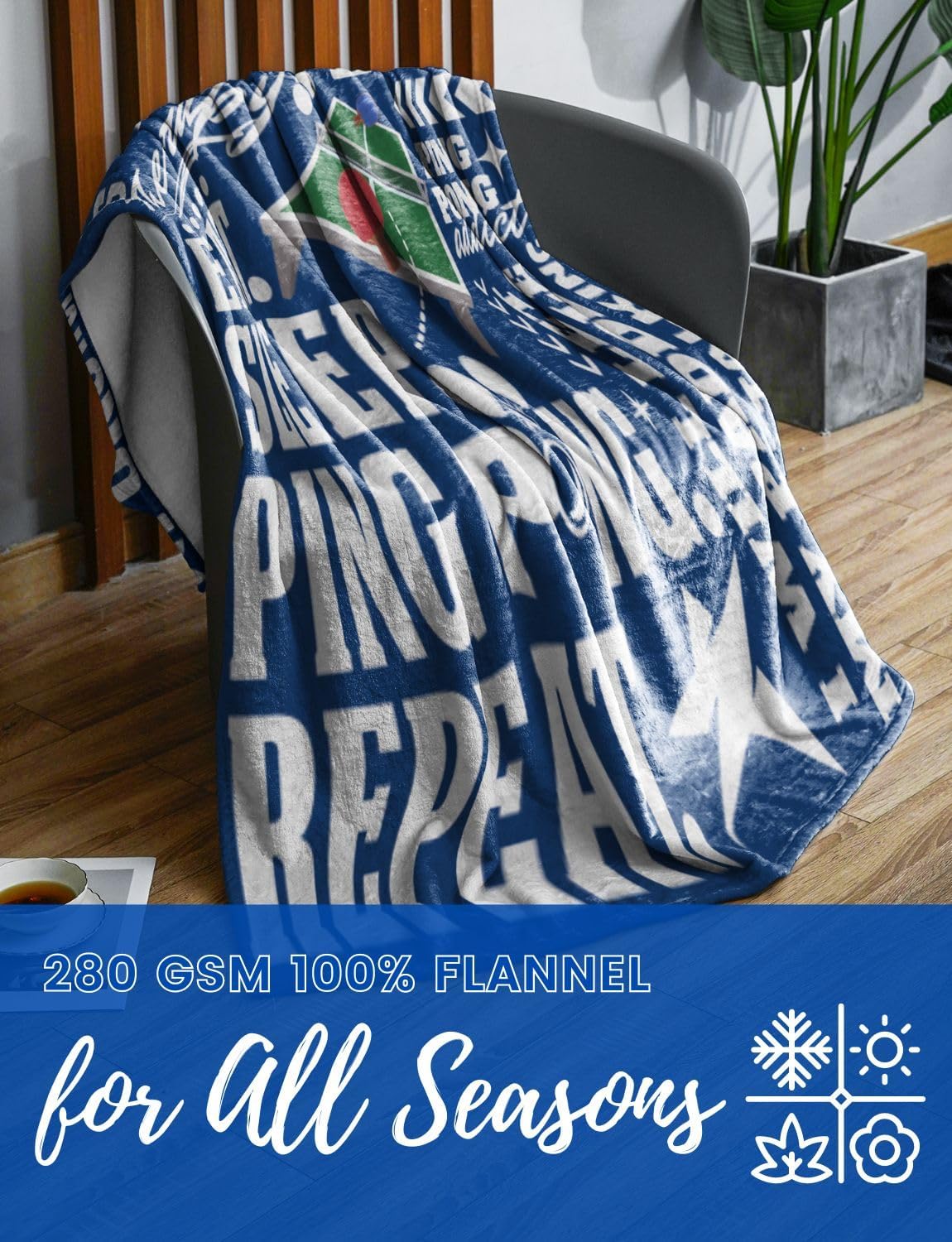 Huglanket Ping Pong Gifts, Table Tennis Blanket, 50x65 Inch, Black, Flannel, 'Eat Sleep Ping Pong Repeat' Pattern