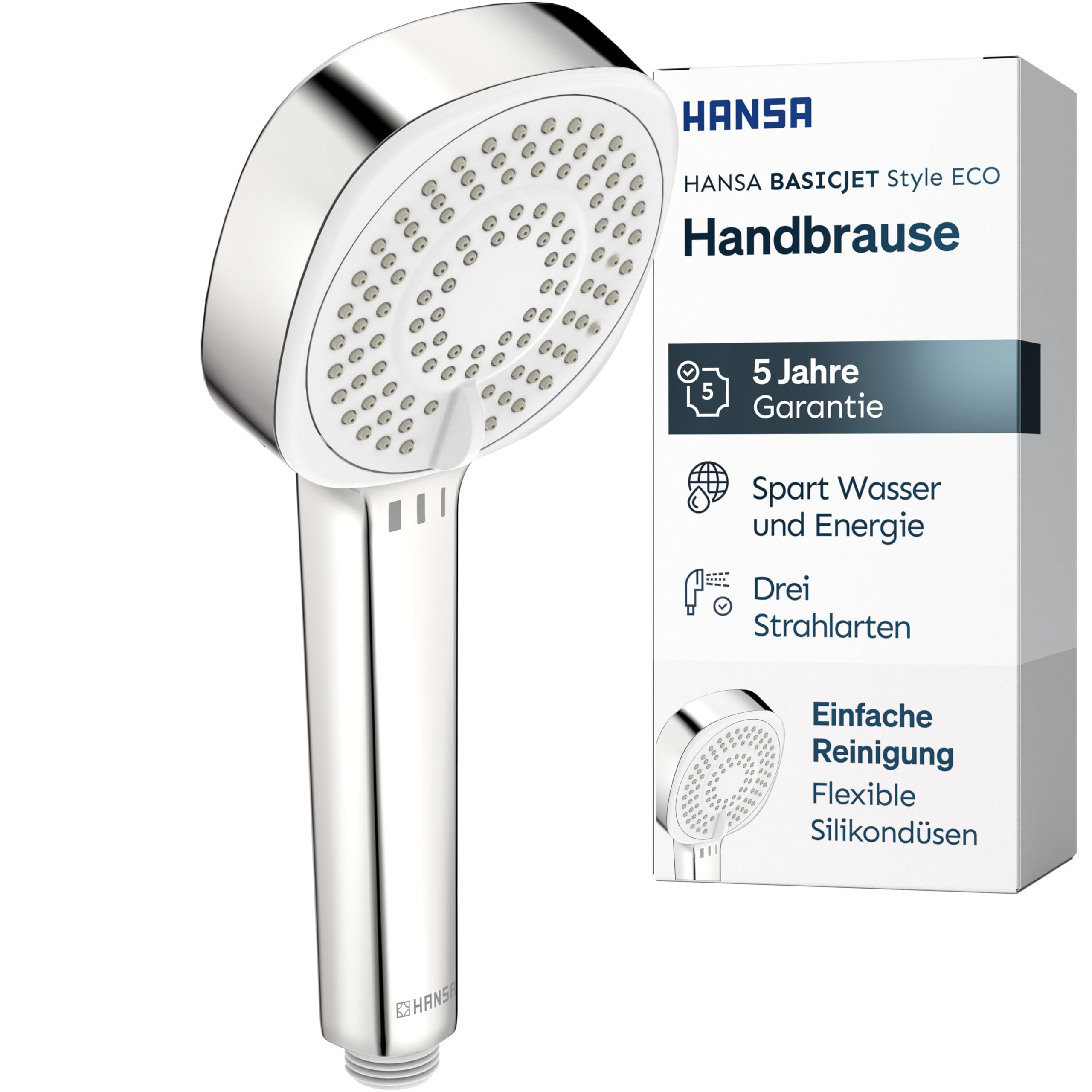 HANSA BASICJET Style Duschkopf mit 3 Strahlarten I Handbrause Dusche | Anti-Kalk Funktion I Brausekopf 96 mm Durchmesser | Standard G1/2 Anschluss | Chrom