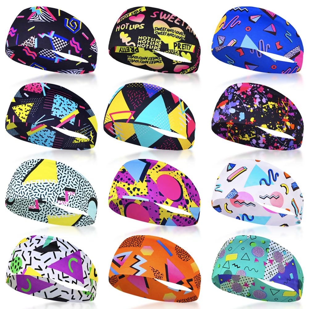 12 Pcs 80s 90s Retro Vintage Headbands Memphis Sweatbands Scarfs for Men Women Neon Soft Athletic Sweatband Headbands Wicking Elastic Hairband for