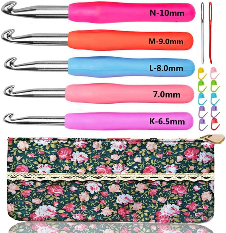 Size 6.5mm 7.0mm 8.0mm 9.0mm 10.0mm Crochet Hooks Set Ergonomic Grip Soft Handles Aluminum Crochet Hook Size K L M N/P in Case