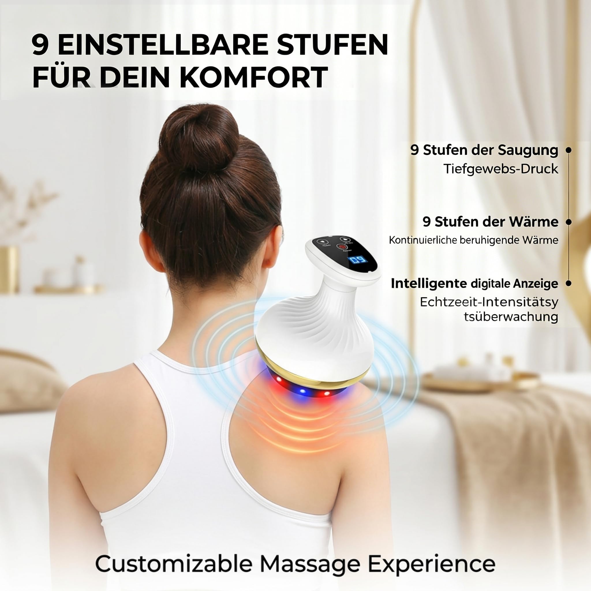 Cellulite Massager 4-in-1, Vakuum Massagegerät mit 9 Stufen Wärmetherapie & Rot-Blau-LED, Anti-Cellulite Gerät für Körperstraffung Lymphdrainage Durchblutung, kabellos für Gua Sha & Schröpfen