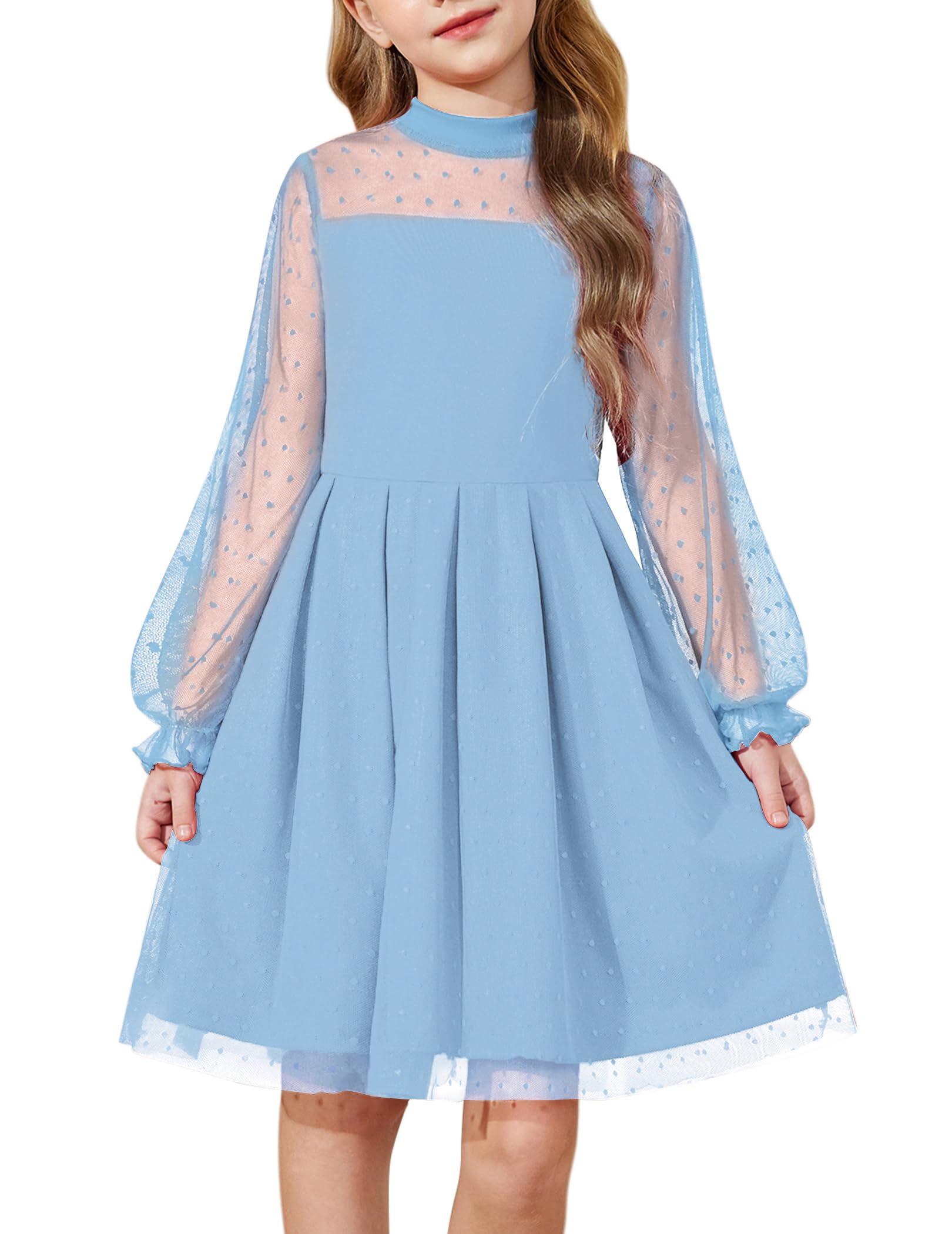 Arshiner meisjesjurk, mesh, lange mouwen, partyjurk, ronde hals, vrijetijdsjurk, effen, kinderjurk, A-lijn, midijurk, feestelijk, kleding voor kinderen 6-14 jaar, 10-11 Jaar