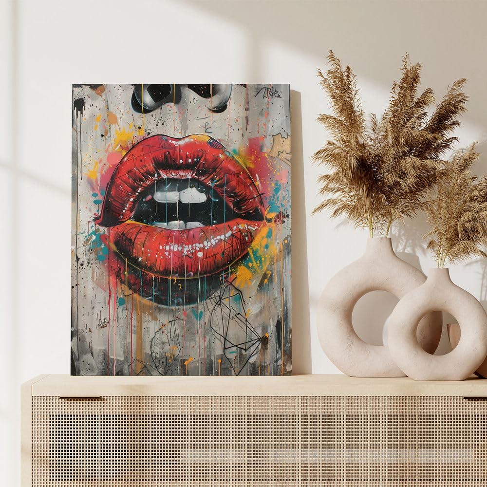 Fchen art Poster su tela, motivo: labbra rosse, stile hip hop, poster artistico da parete su tela, stampa moderna per camera da letto, pronto da appendere, 50 x 70 cm