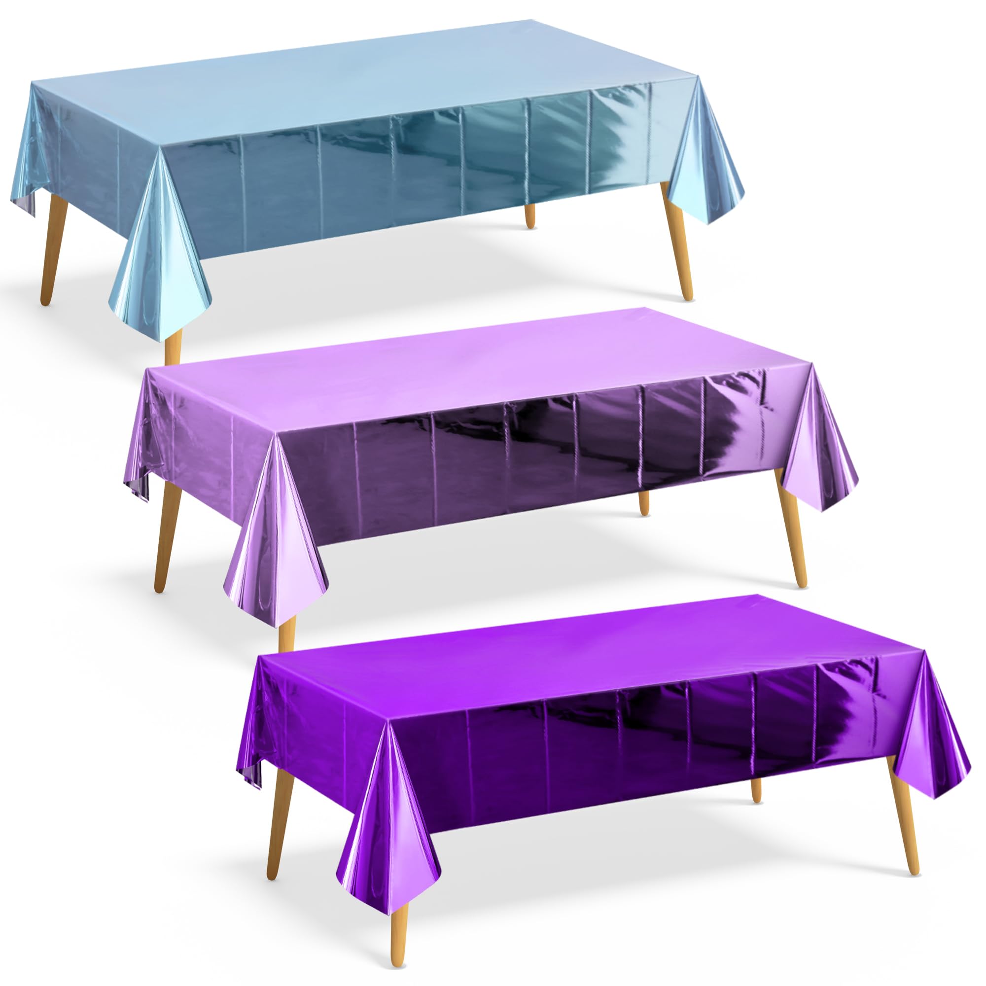 3 Pieces Light Blue &amp; Dark Purple &amp; Light Purple Foil Tablecloth 54*72inch Plastic Birthday Party Table Cloths Disposable Waterproof Table Cover for Christmas Wedding Graduation Party Supplies