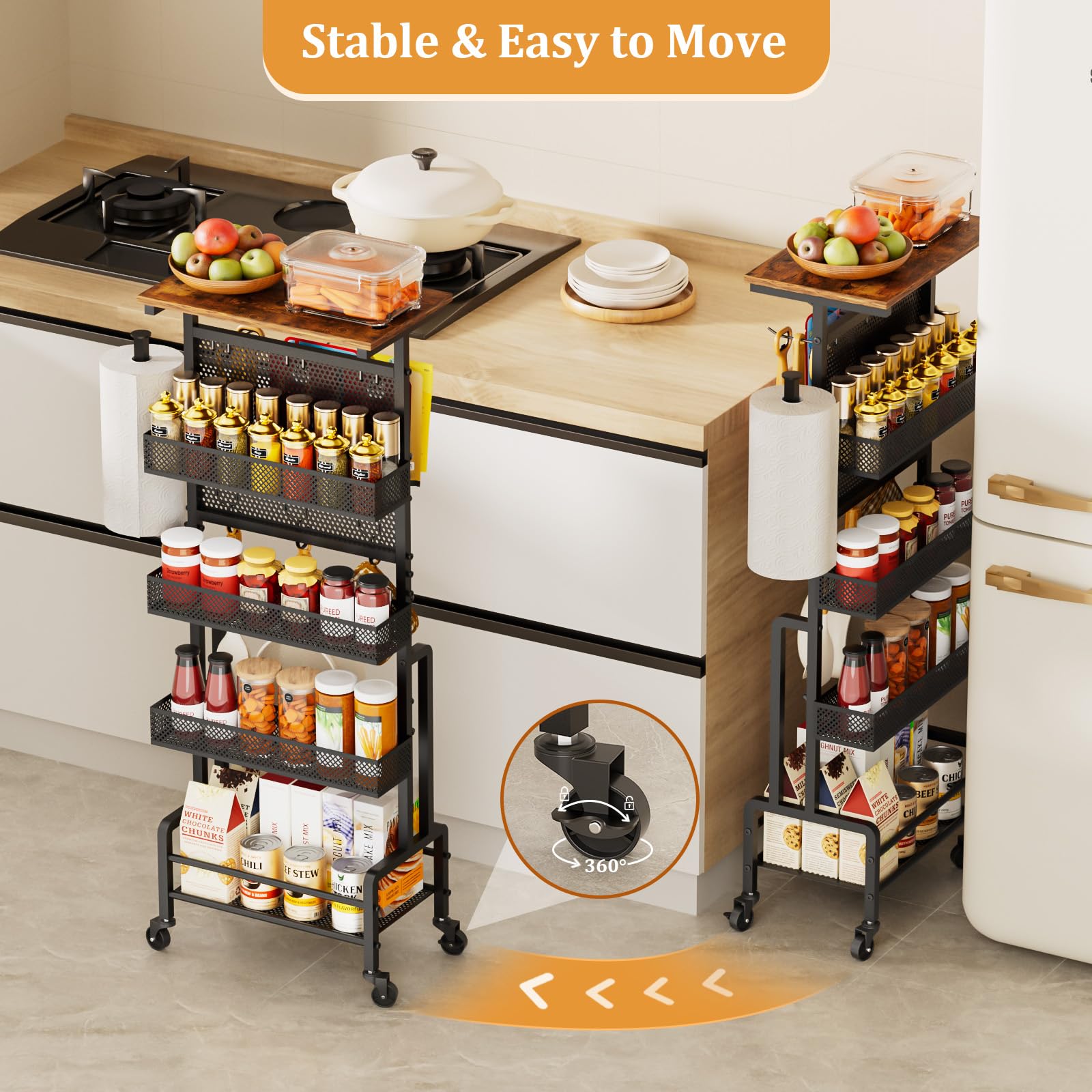 Carrito de Almacenamiento Estrecho - Carro con Ruedas y Tapa de Madera | Organizador estrecho con panel perforado, 6 ganchos y portarrollos de cocina. Estantería fina antivuelco.