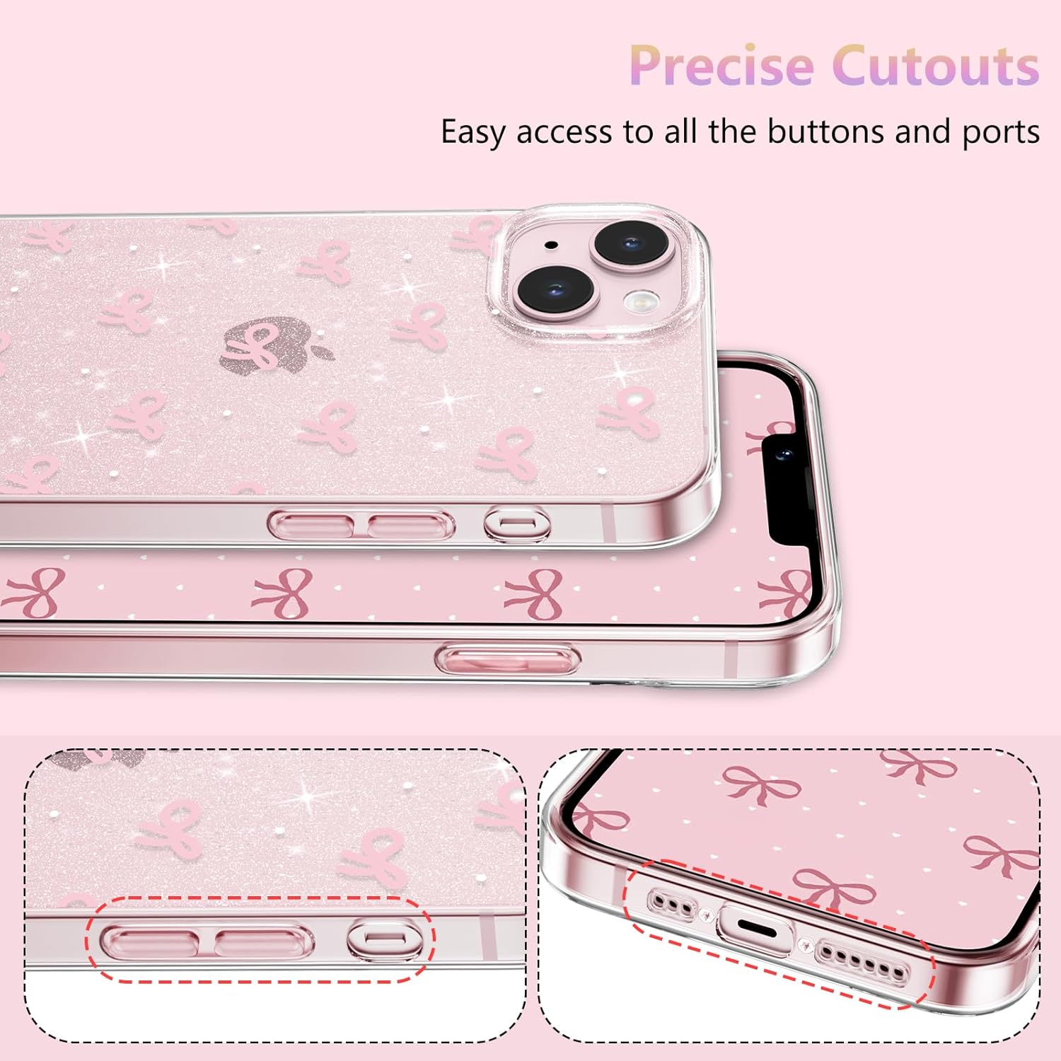 ZTOFERA for iPhone 13/iPhone 14 Case Glitter,Cute Clear Ribbon Bow Tie Aesthetic Phone Case,Sparkly Bling Trendy Soft Shockproof Protective Phone Cover for Women Girls,Soft Pink - Image 3