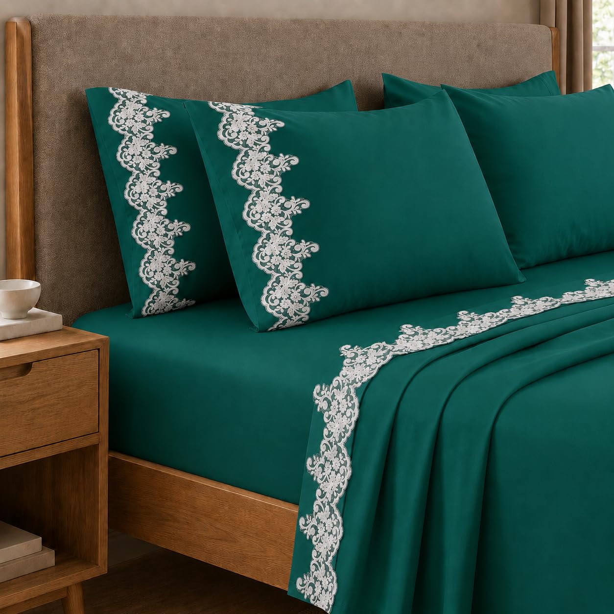 PETTI Artigiani Italiani - Percale Double Flat Sheet with Lace Percale Double Bed Sheet Set with Lace Green 100% Made in Italy