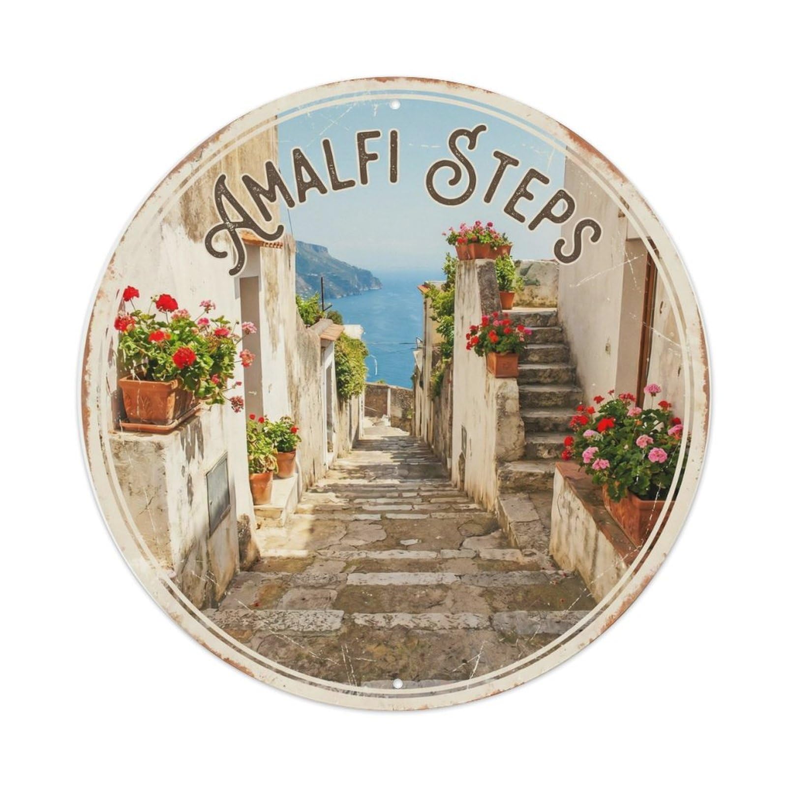 Coastal Italy Stone Steps Travel Heritage Panorama Landscape Metal Tin Sign Plaque Wall Decor for Cafe, Man Cave, Club Bar, Office, Home Garden Round Metal Poster 8x8Inch