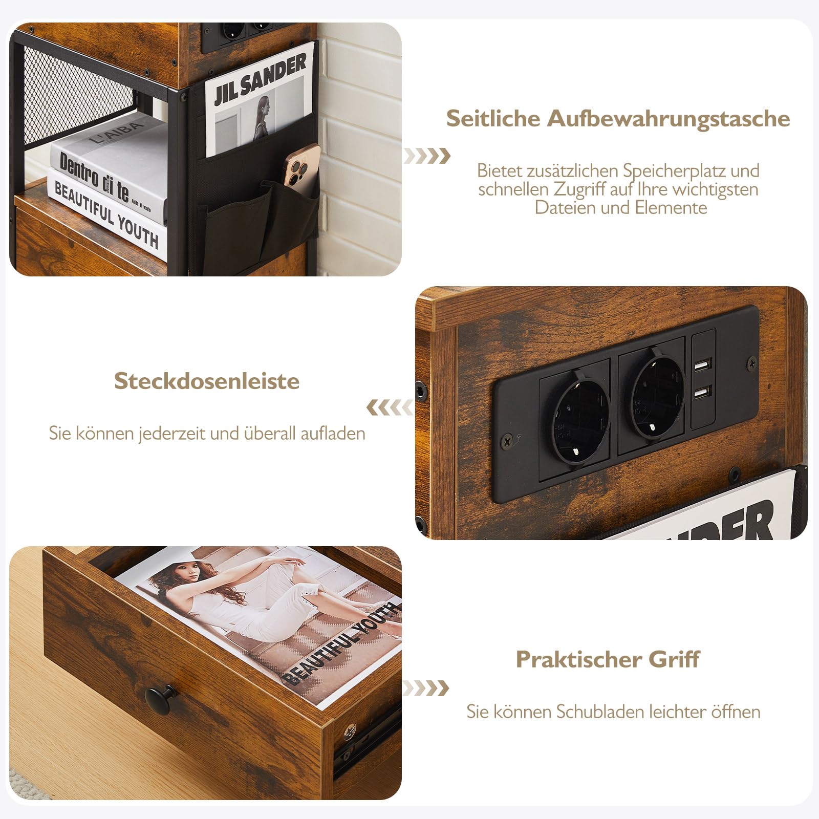 CLIPOP Nachttisch höhenverstellbar, mit Ladestation 2 USB + 2 AC 40*30*63cm