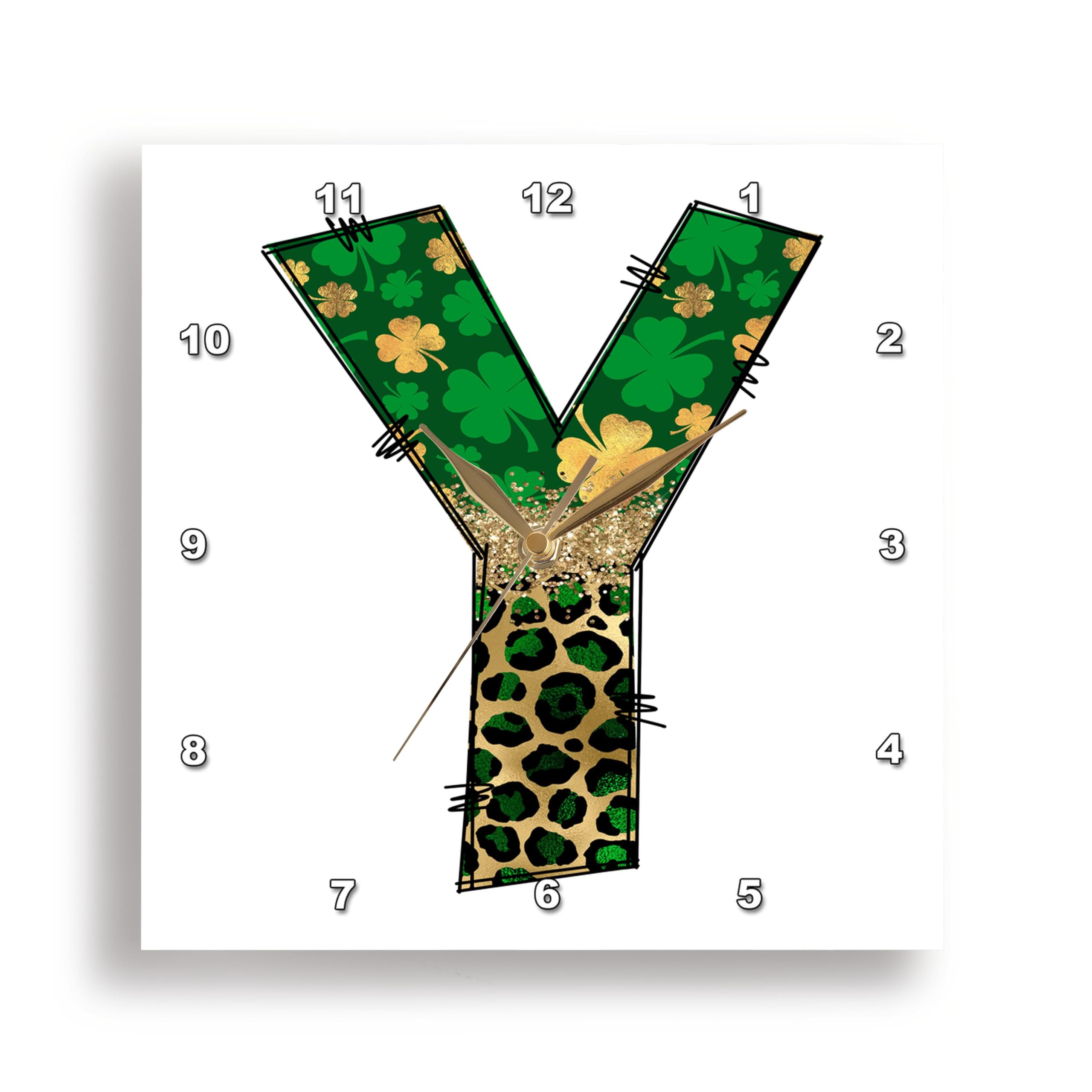 3dRose Wall Clock Silent - 15 inch - Glam Leopard and Four Leaf Clover Monogram Initial Y - St. Patricks Day Monograms
