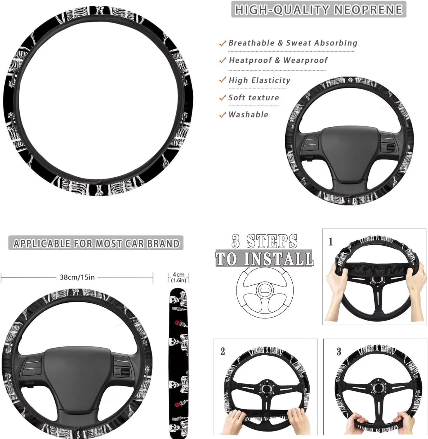 Funny Skull Car Seat Covers Full Set with Cup Coasters for Women Stretch Steering Wheel Cover Universal Vehicle Accessories Handbrake Cover Gear Shift Cover Headrest Protector