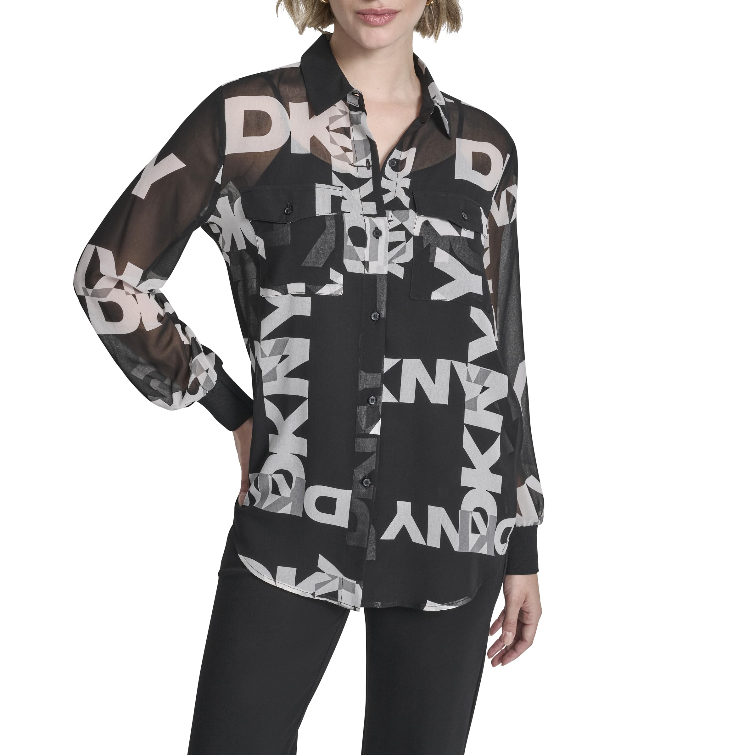 DKNY Damen Long Sleeve Button Down Chiffon Logo Shirt