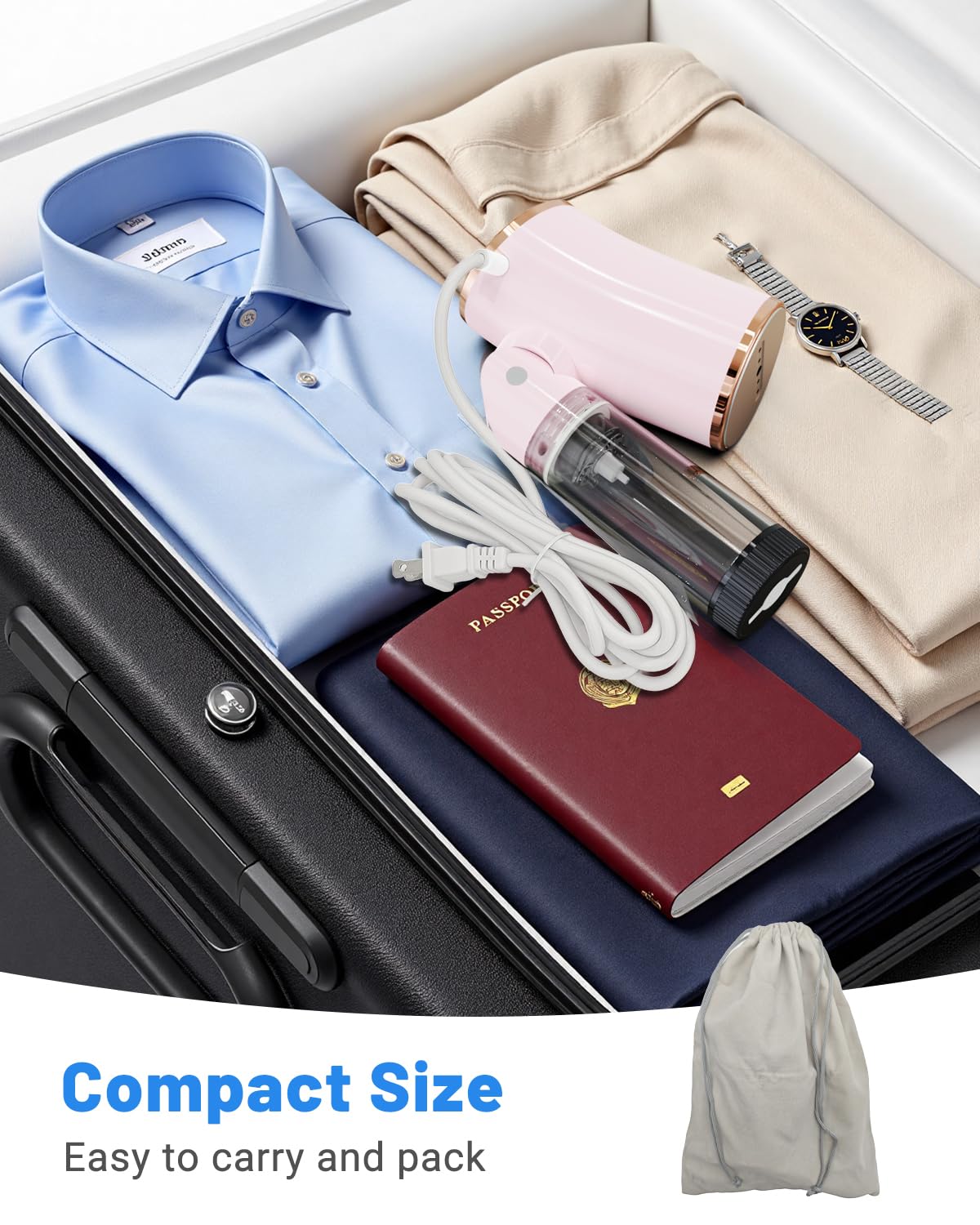 Vaporizador plegable de tamaño de viaje para ropa, vaporizador portátil de ropa con voltaje de 110-120 V, potencia de 1000 W, capacidad del tanque de agua de 6.8 fl oz, cable de alimentación de 8 pies 4