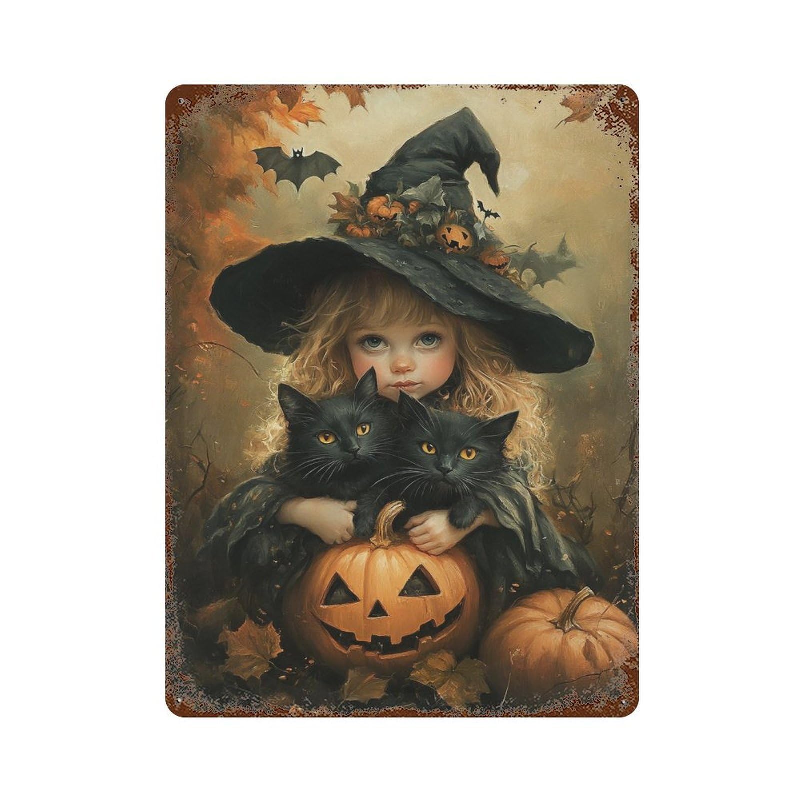 Vintage Rust Metal Sign with Halloween Witch with Black Cats Design 15.7"x11.8", for Shed, Workshop And Garage Wall Decor, Retro Wall Decor