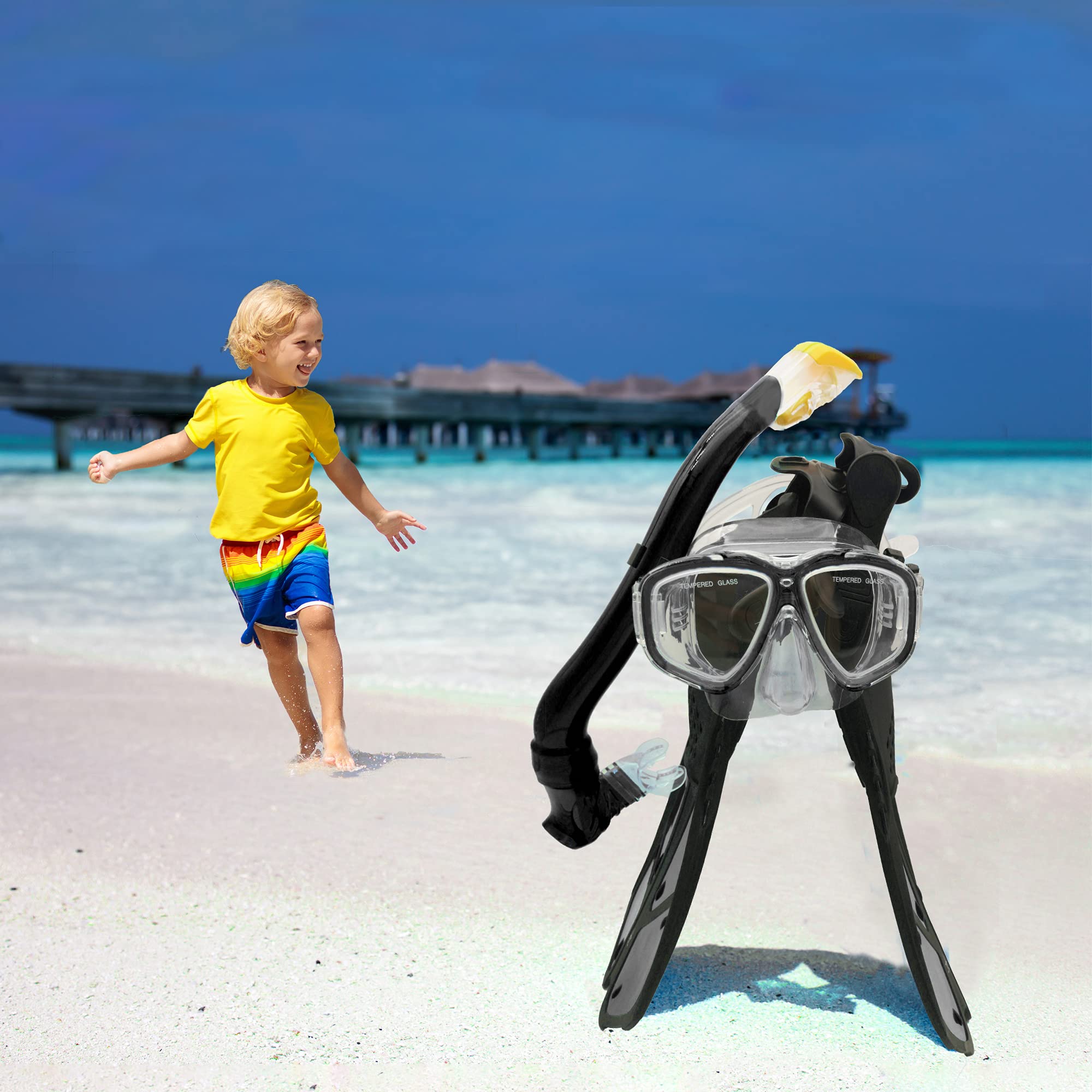 Set da Snorkeling per Bambini con Pinne, Vista Panoramica a 180° Occhialini Antiappannamento, Pinne da Nuoto Regolabili, Snorkel, Borsa in Rete ad Asciugatura Rapida