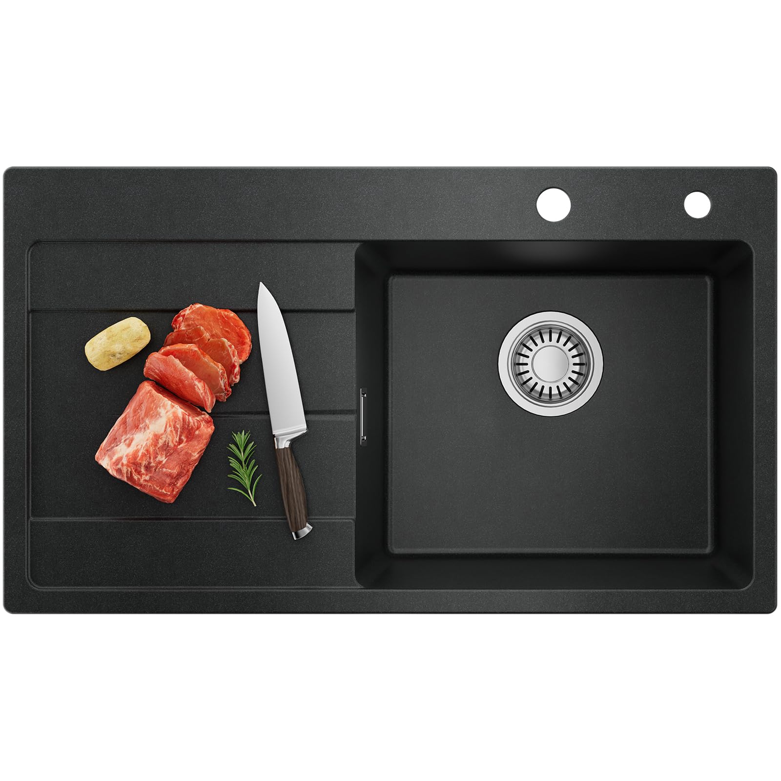 CECIPA Évier de cuisine 78 x 45 cm - Noir - En granit avec égouttoir - Pour armoires inférieures de 45 cm de large - Avec siphon et trop-plein