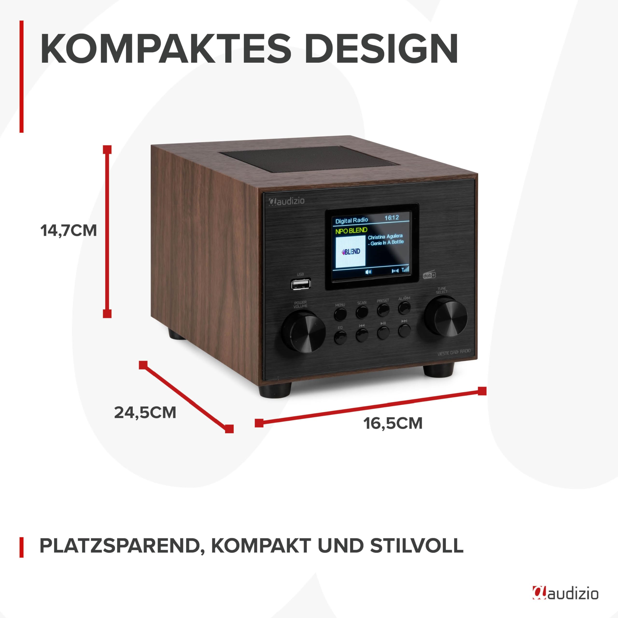 Audizio Vieste - DAB Radio mit Bluetooth, 60 Watt Lautsprecher, DAB Plus Radio mit USB Anschluss, FM & UKW, Weckerfunktion, 20 Speicherplätze, Auto-Suchlauf, Holz Braun