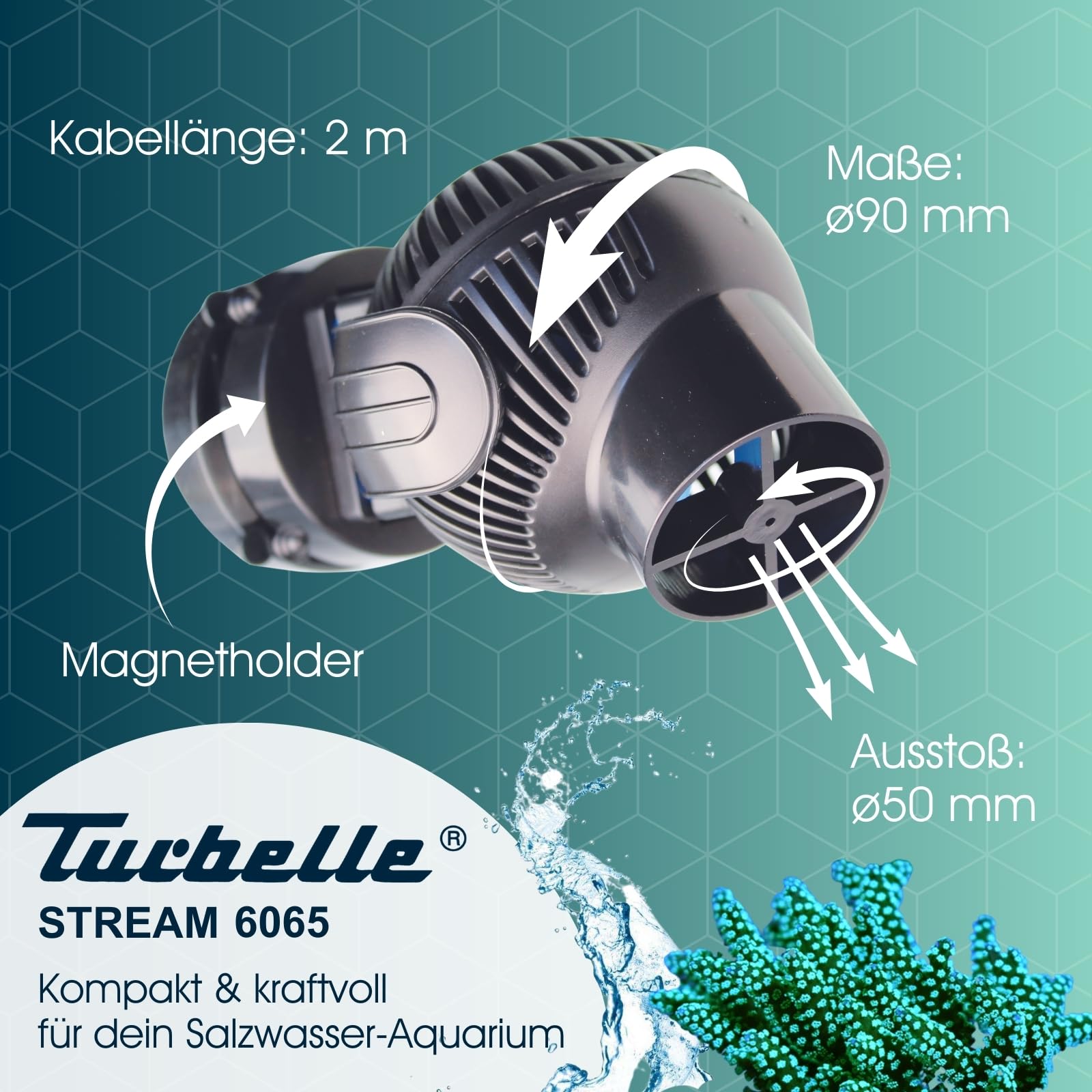 TUNZE Strömungspumpe Turbelle Stream 6065 I Pumpe mit 6500l/h Stömungsleistung I Propellerpumpe mit Magnet Holder & Silence Klemme bis 15mm Glasstärke I Wasserpumpe für Aquarien