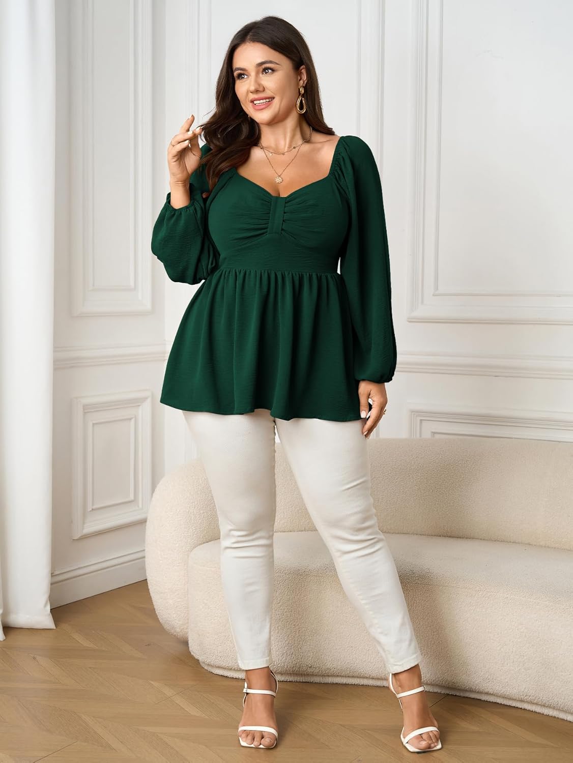 SCOMCHIC Women's Plus Size Blouses Long Sleeve Sweetheart Neckline Babydoll Ruffle Peplum Smocked Cute Casual Fall Tops - Image 4
