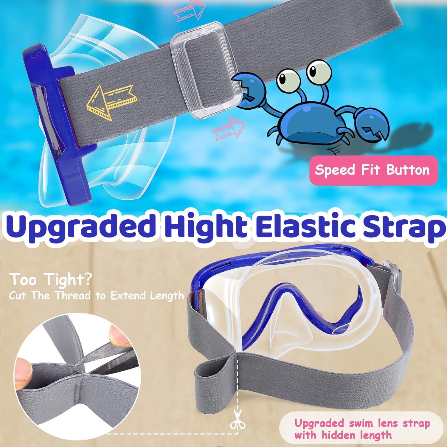 Vvinca Gafas para niños con Cubierta de Nariz, máscara de Buceo, Correa de Tela elástica, antivaho, Lentes inastillables para niños de 3 a 14 años