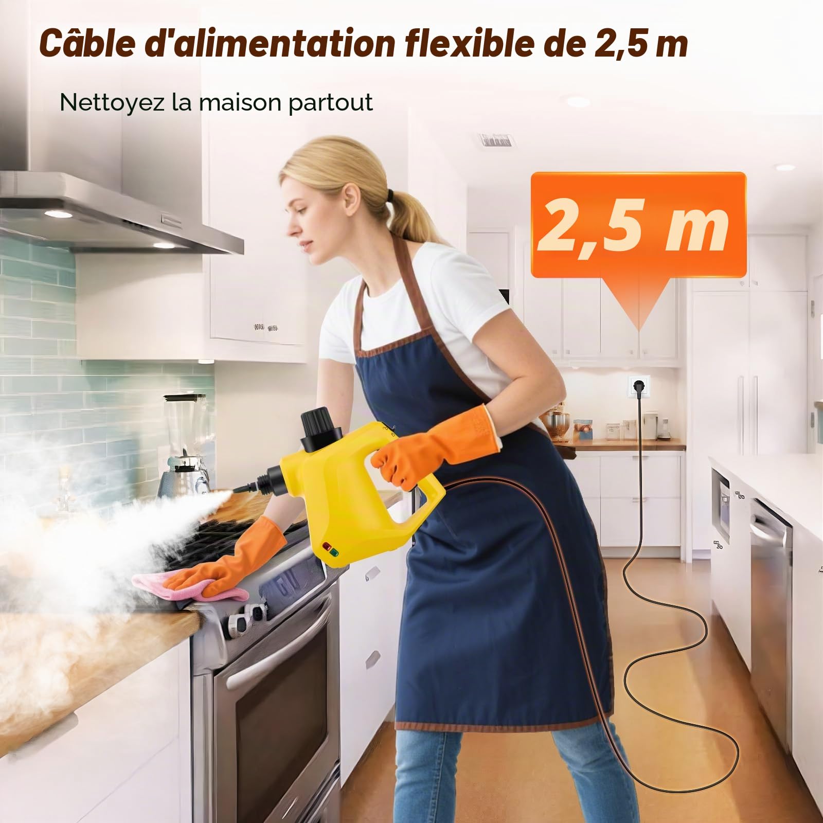 Nettoyeur Vapeur,Nettoyeur Vapeur Portable avec serrure de sécurité et kit d'accessoires de 10 pièces,Steam Cleaner pour Taches sur Vitres,lit,Matelas,Tapis,Voiture,Cuisines（Jaune）
