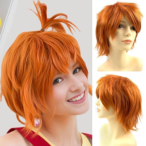Rose bud Peluca de anime de Halloween naranja oscuro para fiesta de cosplay, pelucas de pelo corto sintético en capas con flequillo, pelucas pastel
