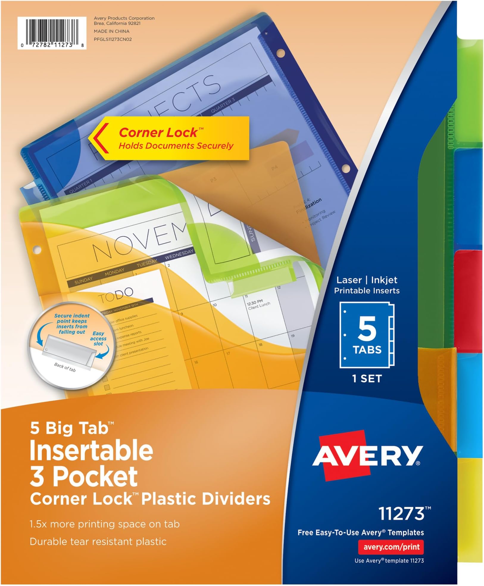 Dividers for 3 Ring Binders, 5 Tab Plastic Binder Dividers, Three-Pocket, Corner Lock, Insertable Big Tabs, Multicolor, Extend Beyond Sheet Protectors, 1 Set (11273)