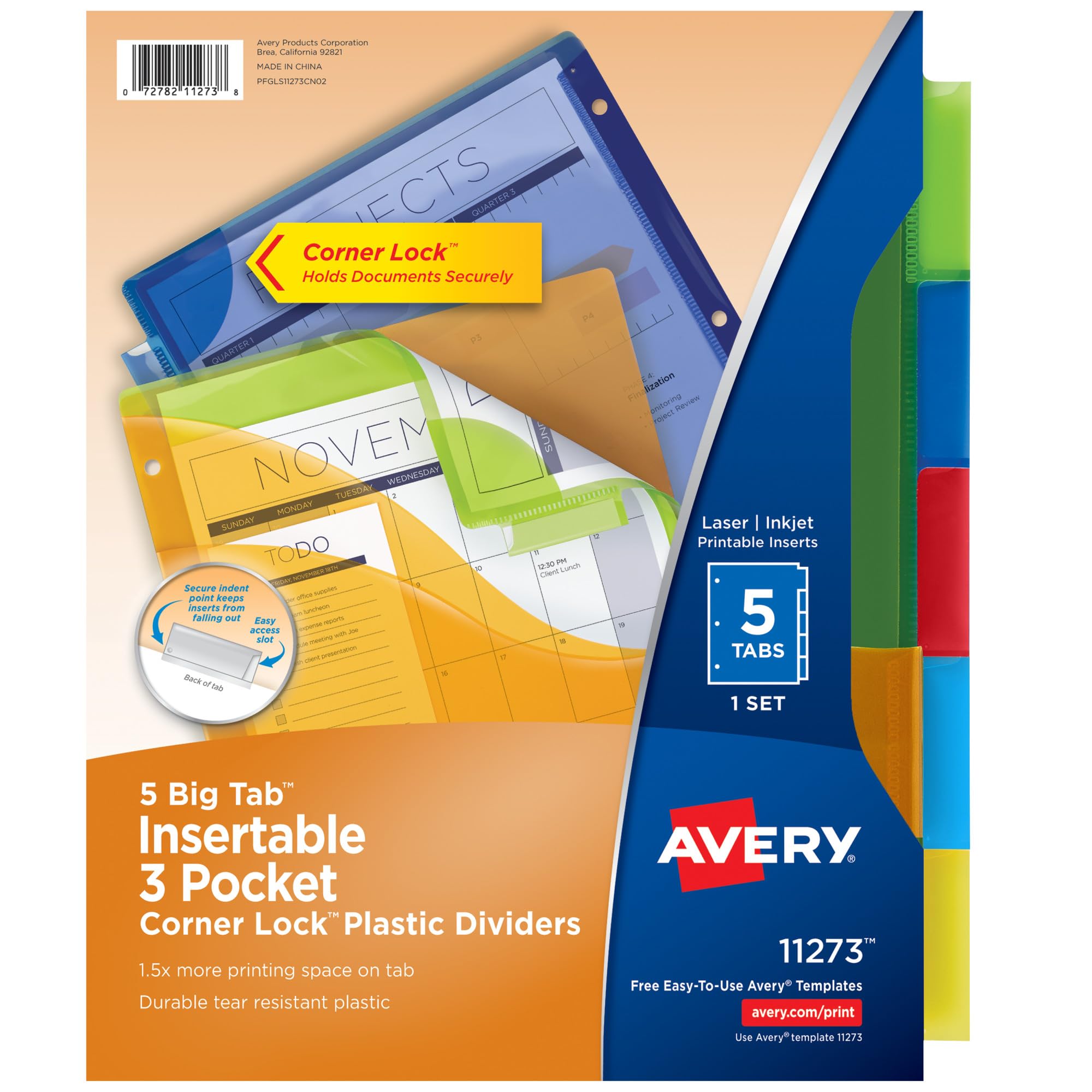 Avery Dividers for 3 Ring Binders, 5 Tab Plastic Binder Dividers, Three-Pocket, Corner Lock, Insertable Big Tabs, Multicolor, Extend Beyond Sheet Protectors, 1 Set (11273)