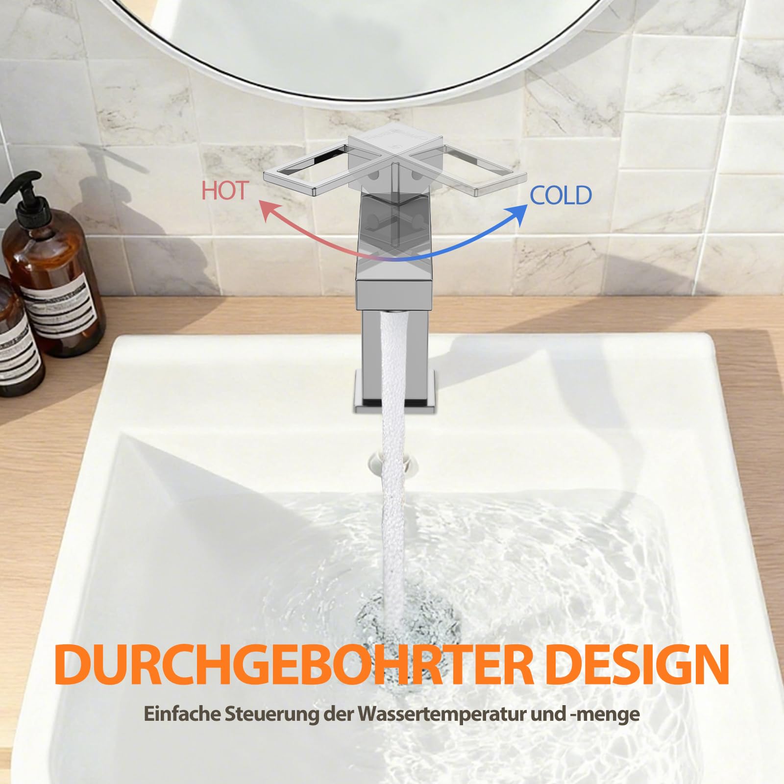 Grifo de baño monomando para lavabo, HURRAN grifo de baño cromado, grifo mezclador de agua caliente/fría, grifos de lavabo, fácil montaje para autocaravanas inodoros lavabos