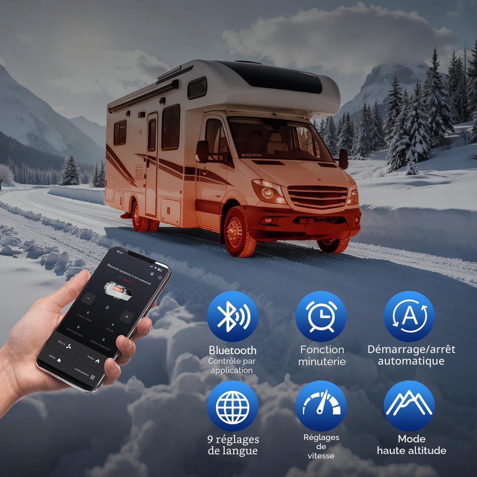 Chauffage Diesel 8 kW, Avec Bluetooth et Télécommande, Adaptateurs 12/24 V CC et CA, Mode Haute altitude, Réservoir de Carburant de 5 L, Convient Aux Voitures, Camions et Camping-cars