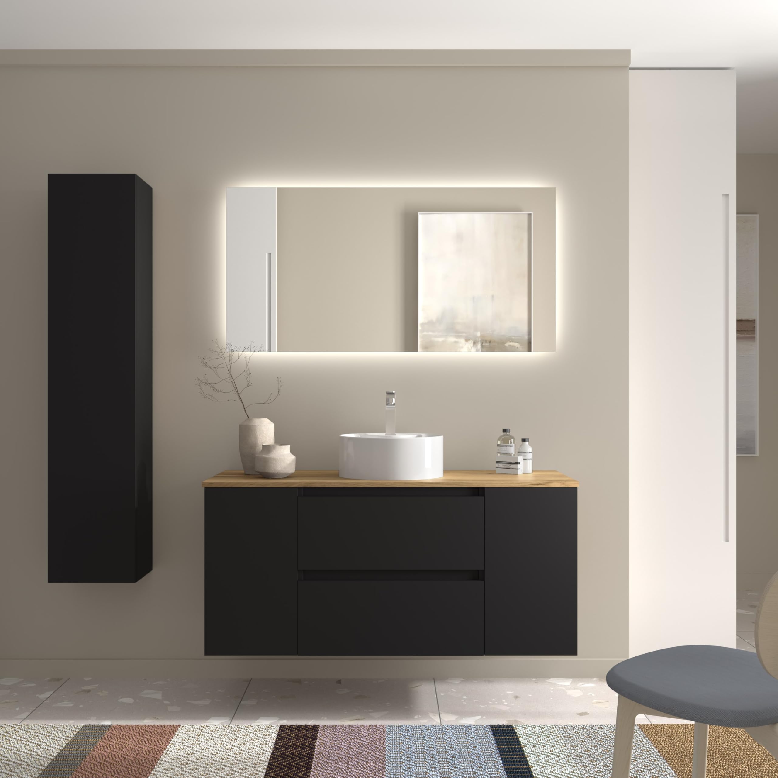 Salgar Mueble de Baño Bequia 120cm + Coqueta 1 Puerta Centrado + Encimera + Lavabo posar| Negro Mate |120x45x56