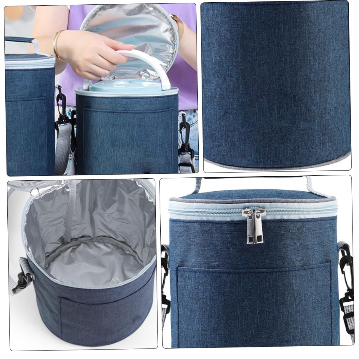 Bolsa Térmica Portátil de Tela Oxford Azul Oscuro Mediana, Bolsa Aislante para Almuerzo y Picnic, Contenedor de Alimentos para Camping y Exteriores, 1 Unidad