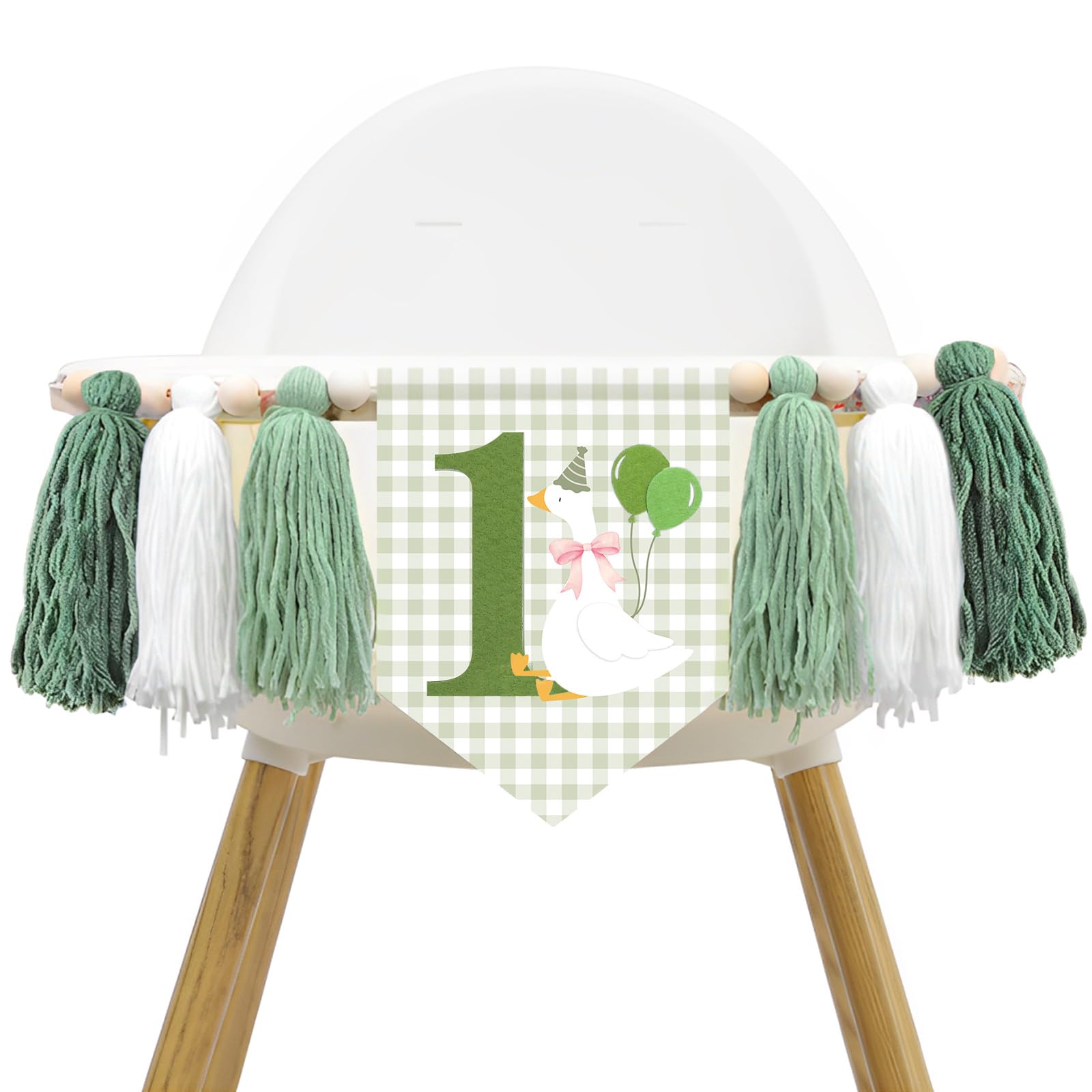 One Silly Goose High Chair Banner Funny Goose Theme 1st Birthday Decorations Sage Green Gingham Highchair Garland Tassel Hanging Ornament for First Birthday Baby Shower Party Decoration