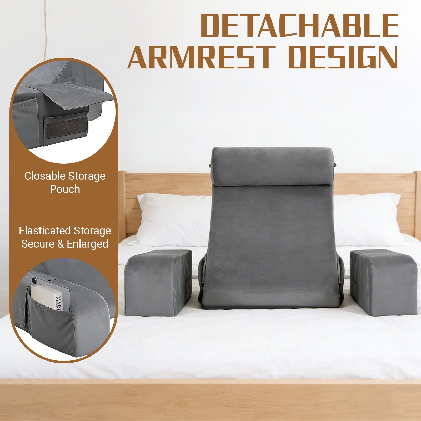 Cojín de lectura para cama y sofá, cojín lumbar con reposacabezas y reposabrazos extraíbles, cojín de respaldo para adultos, cojín de respaldo multifunción para leer, jugar, ver la