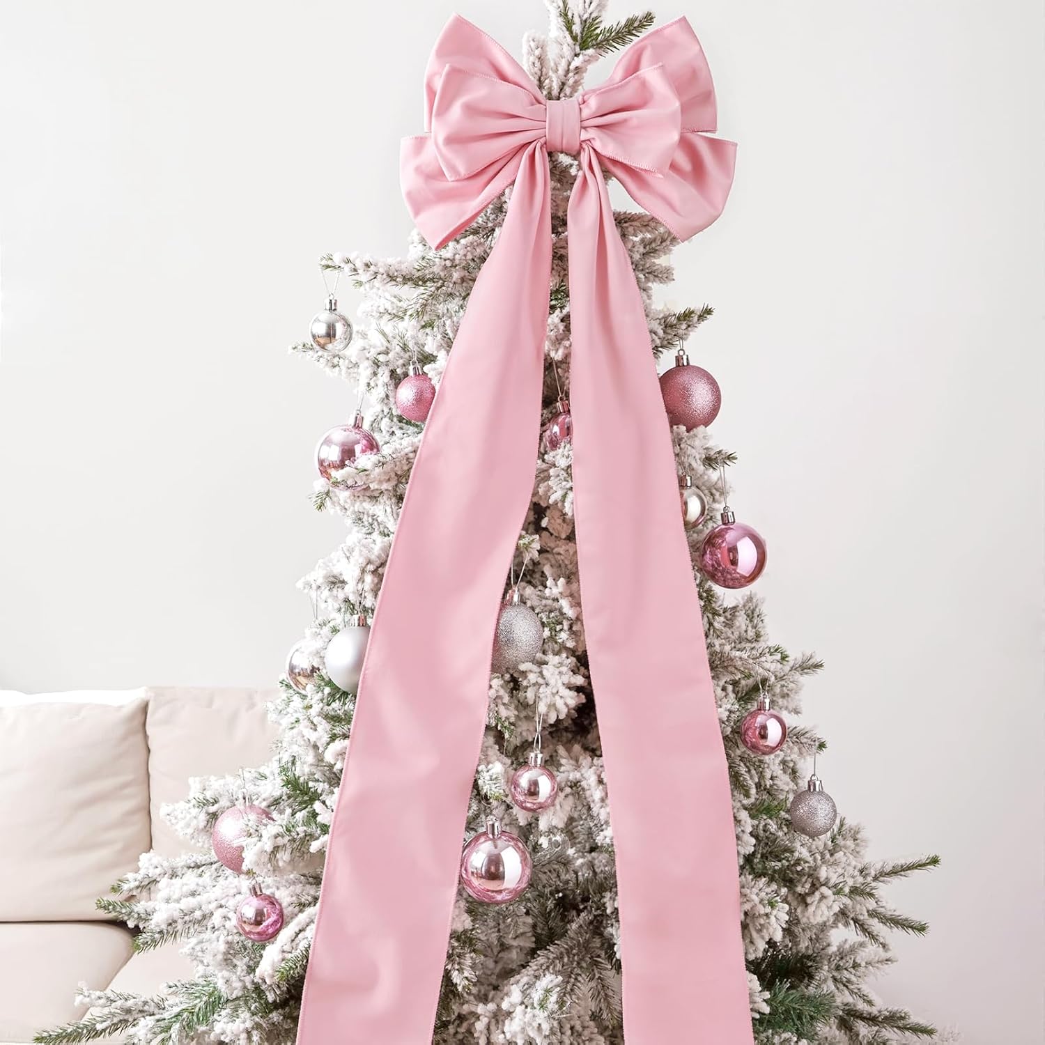 Christmas Tree Decorations: Large Pink Velvet Bow Christmas Tree Topper with Long Streamers, Elegant Pink Plush Bowknots for Xmas Garland Fireplace, Kids Home School Office Party Décor