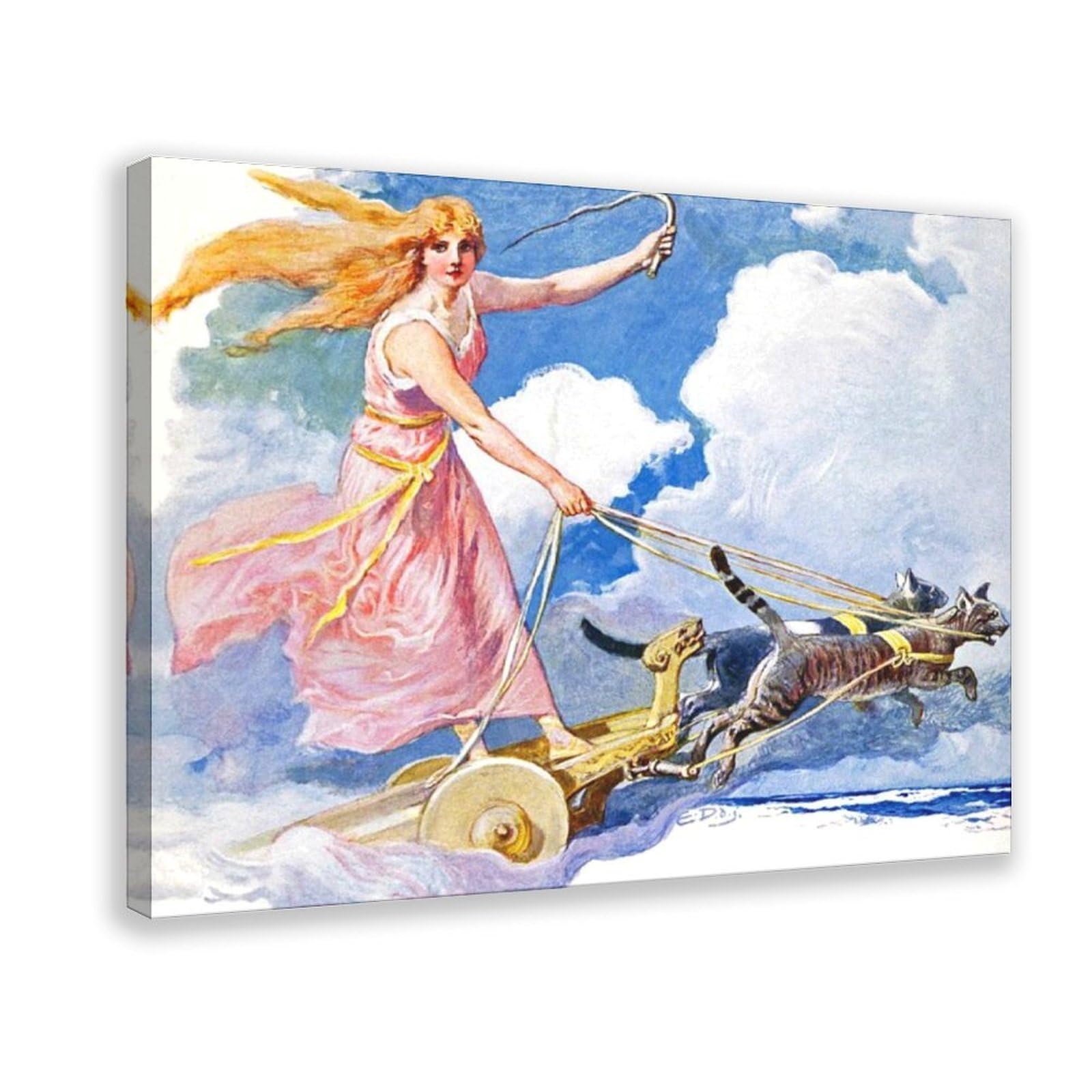WCYB Freya Norse Goddess Vintage Wife of Odin Chariot Posters Prints Canvas Deco Paintings Wall Art Hangable Frame 24" L X 36" W