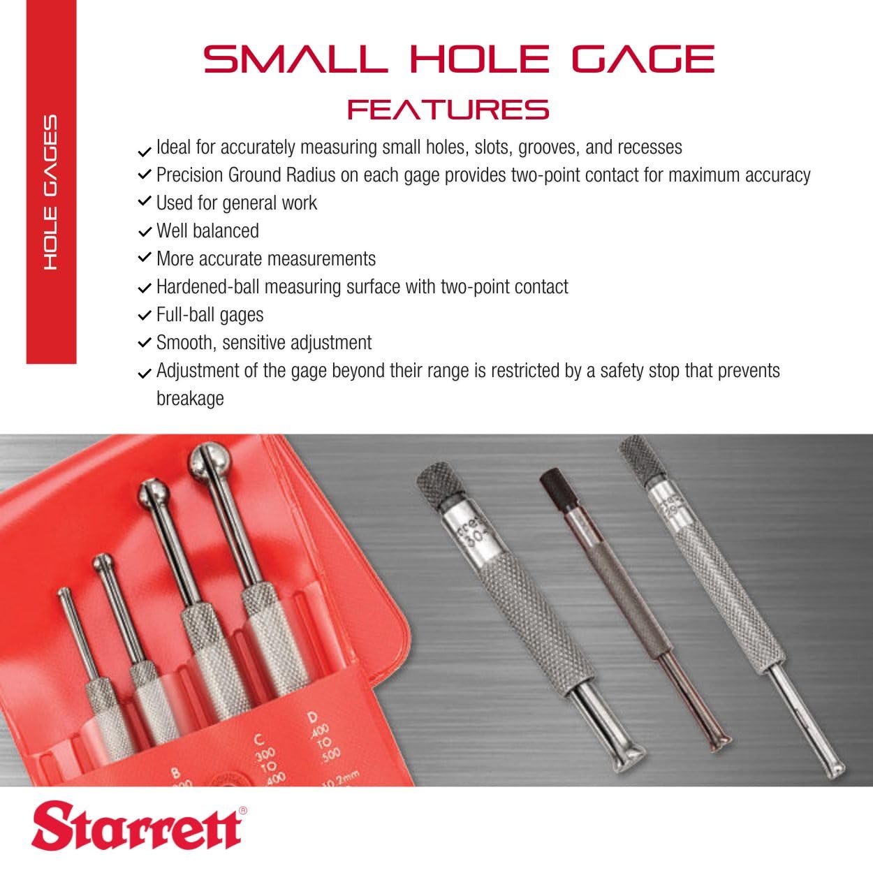Starrett Small Hole Gage with Precision Ground Radius, Smooth, Sensitive Adjustment and Hardened-Ball Measuring Surface - .200-.300" Range, 3" Length - 829B