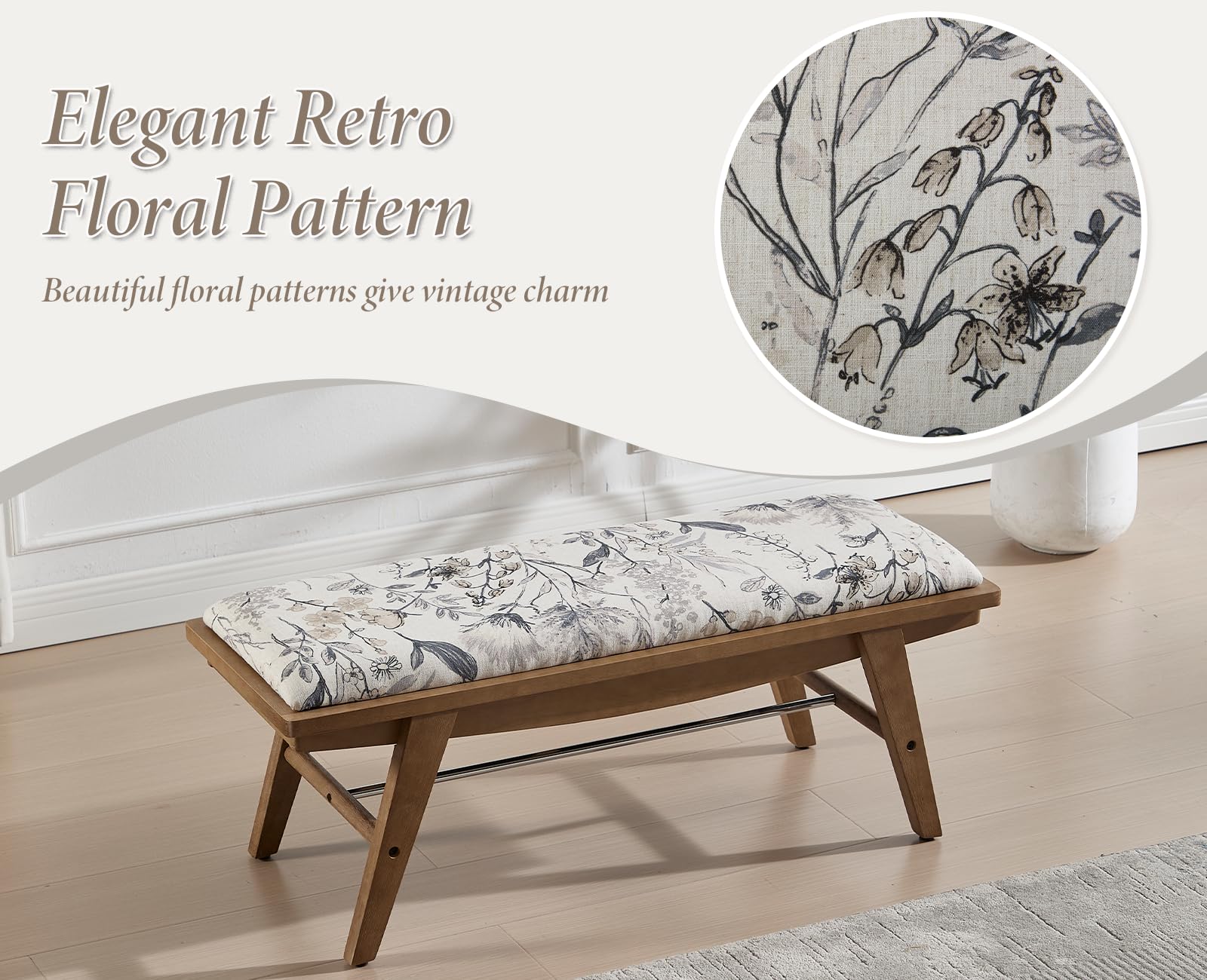 Banc Bois Massif et Lin Banc Ottoman Confortble Banquette d'Entrée Style Rétro pour Chambre Salon, Beige Patten